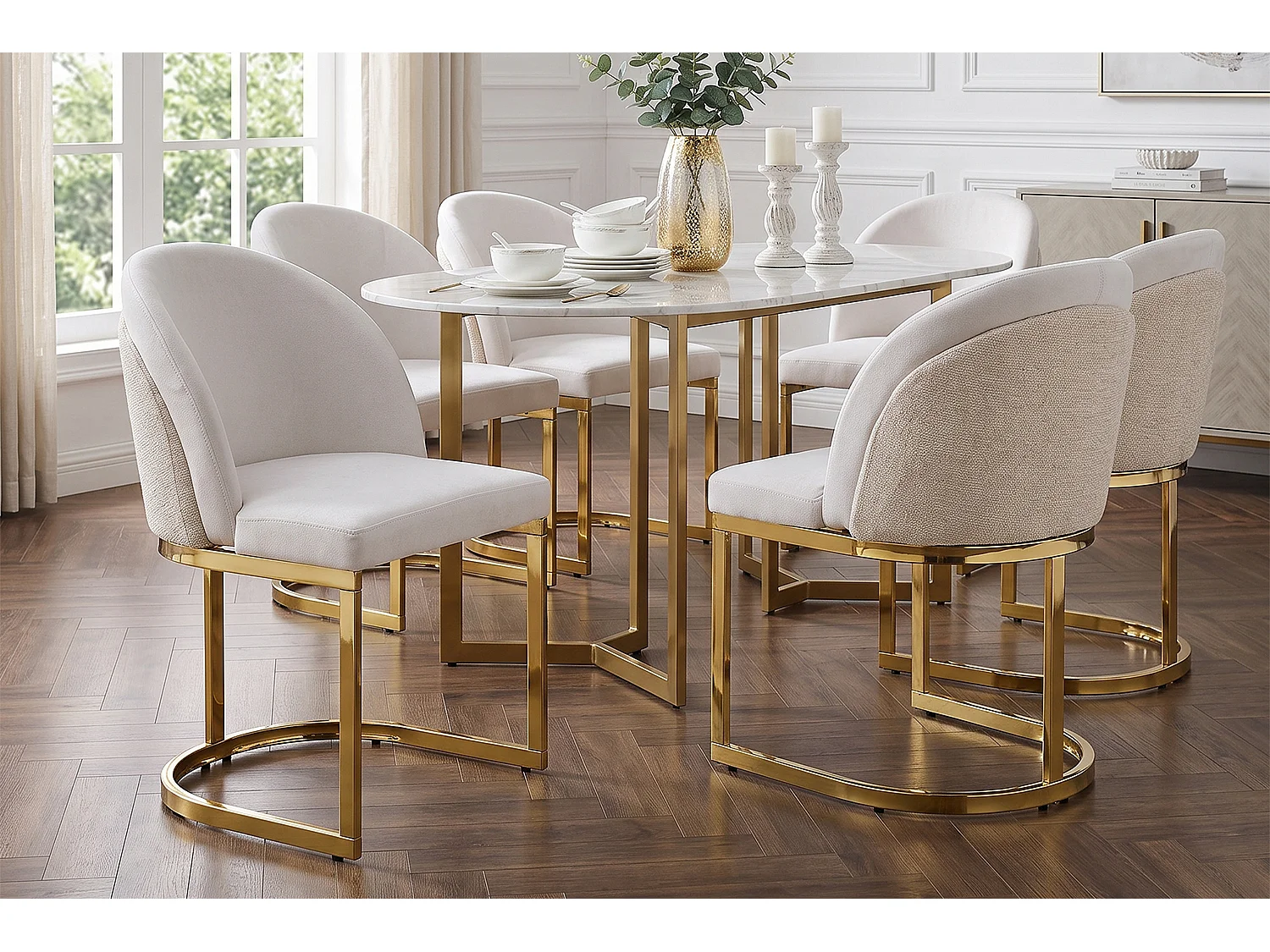 Set aus 2 armlosen Esszimmerstühlen mit Beinen aus verzinktem Metall – Chenille und Metall – 59 x 52 x 85 cm – Beige + Gold