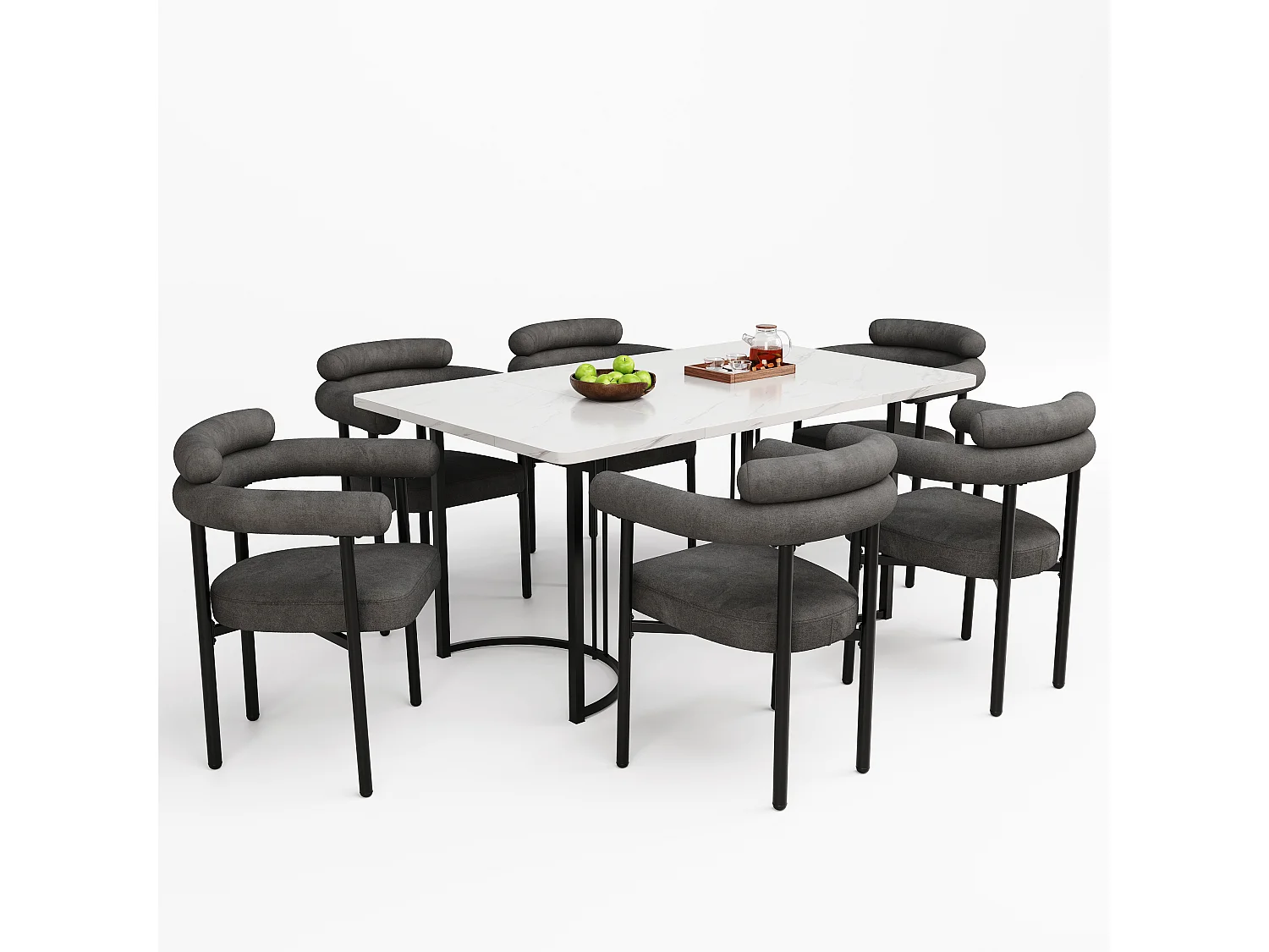 Ensemble table à manger et 6 chaises de salle à manger en velours - 140 x 80 x 75 cm - MDF et pièds en métal - Blanc