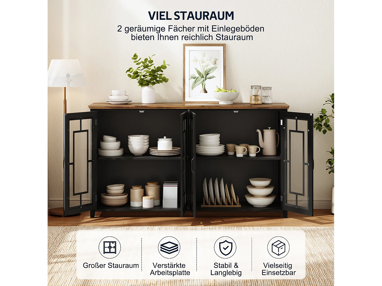 Aparador de cozinha com 4 portas de vidro e dispositivo anti-tombamento - MDF - 160 × 40 × 86 cm - Preto e marrom