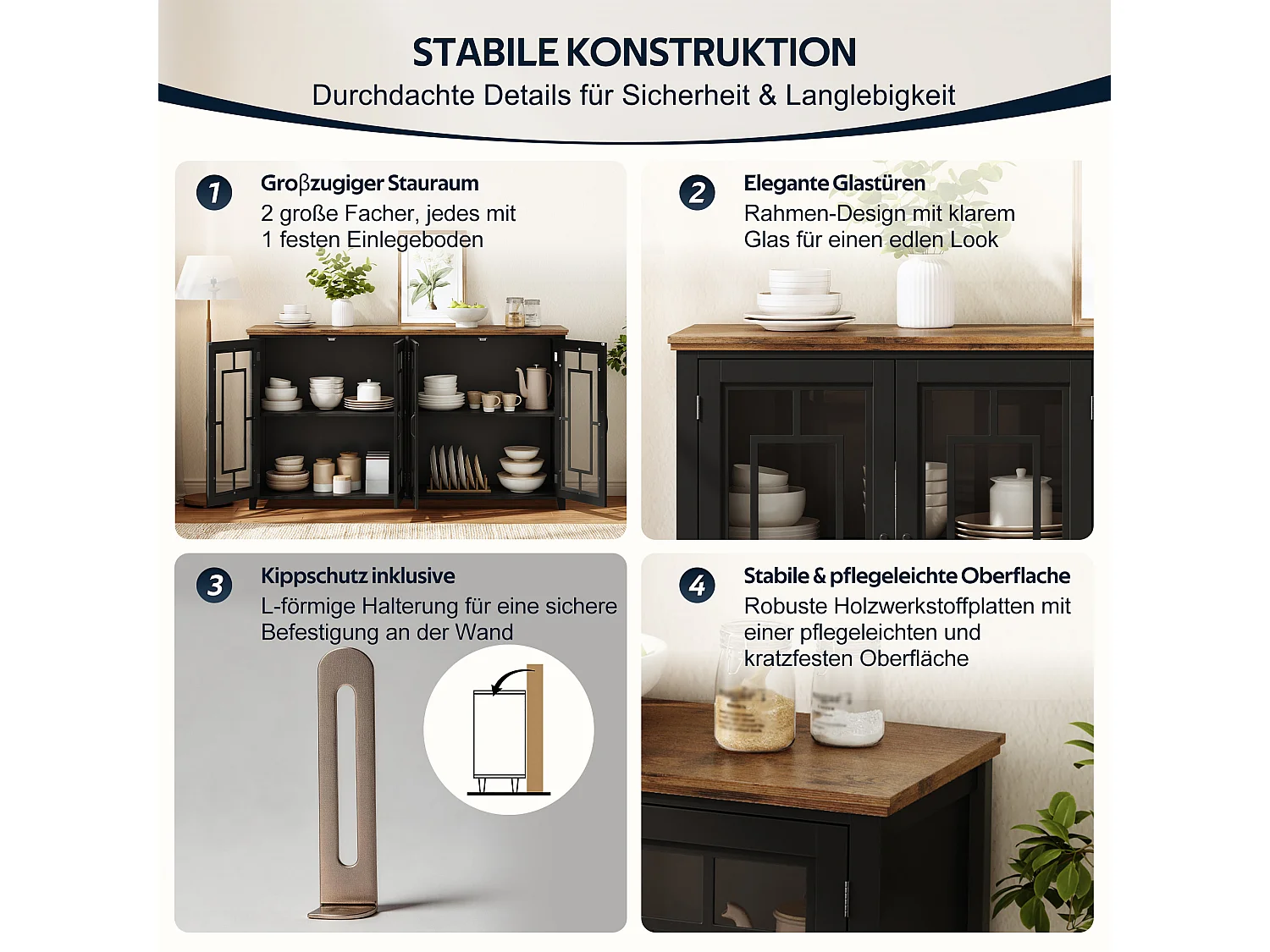 Aparador de cozinha com 4 portas de vidro e dispositivo anti-tombamento - MDF - 160 × 40 × 86 cm - Preto e marrom