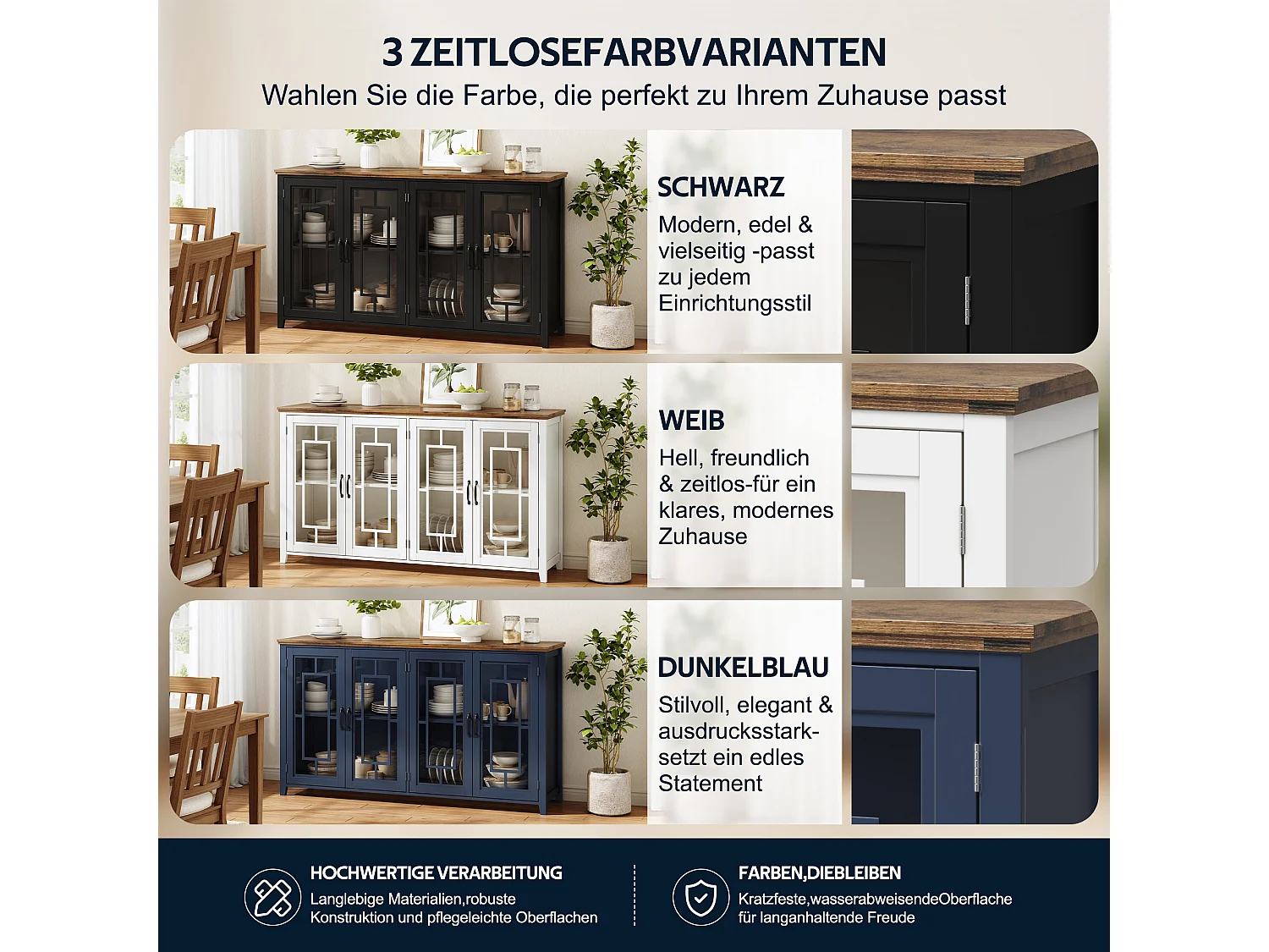 Aparador de cozinha com 4 portas de vidro e dispositivo anti-tombamento - MDF - 160 × 40 × 86 cm - Preto e marrom