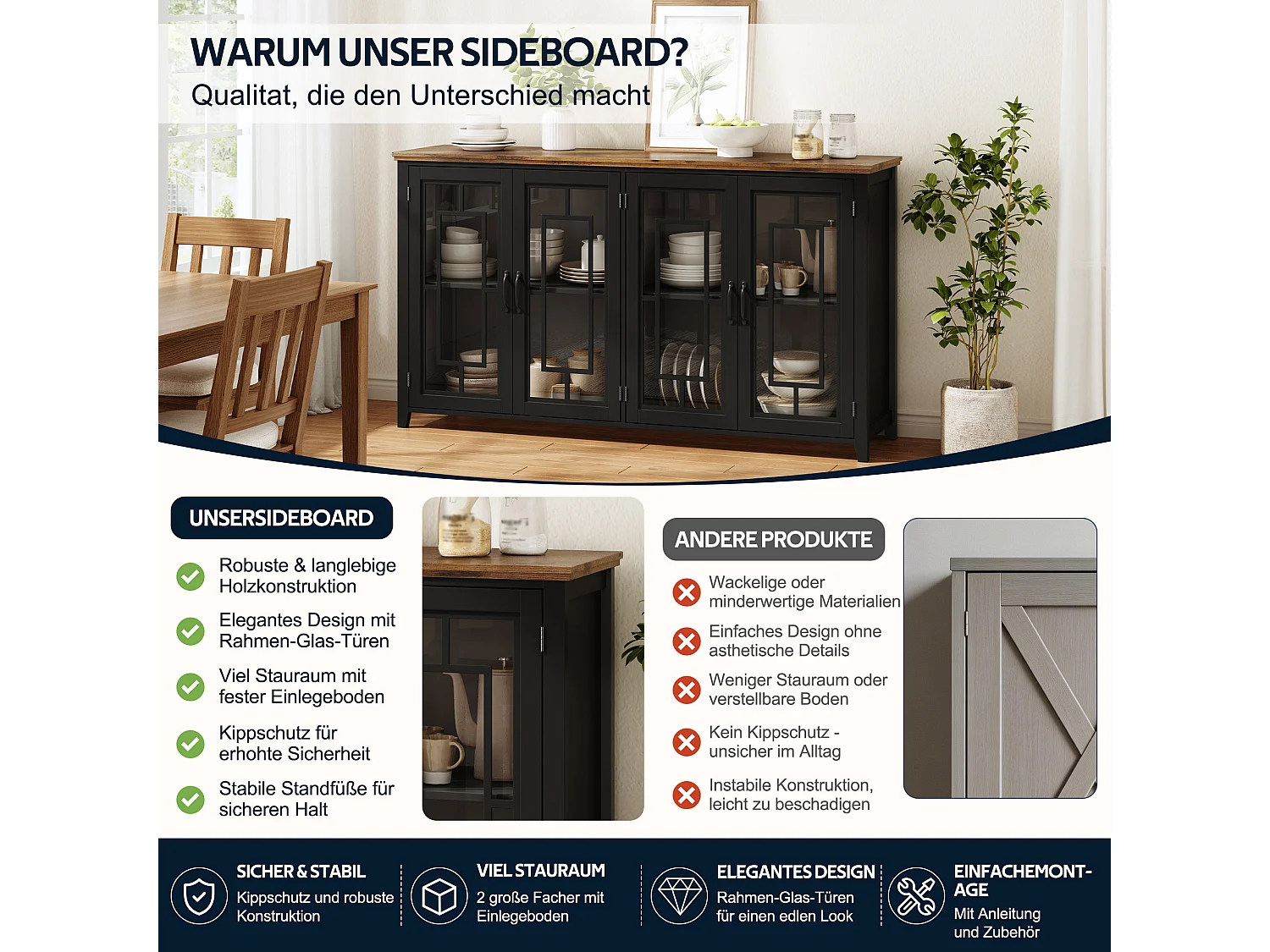 Aparador de cozinha com 4 portas de vidro e dispositivo anti-tombamento - MDF - 160 × 40 × 86 cm - Preto e marrom