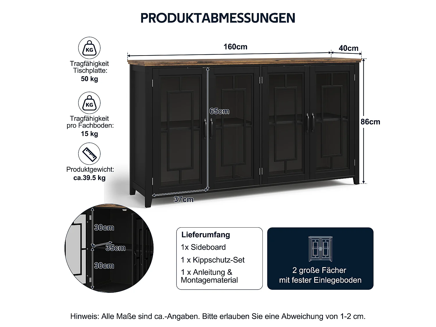 Aparador de cozinha com 4 portas de vidro e dispositivo anti-tombamento - MDF - 160 × 40 × 86 cm - Preto e marrom