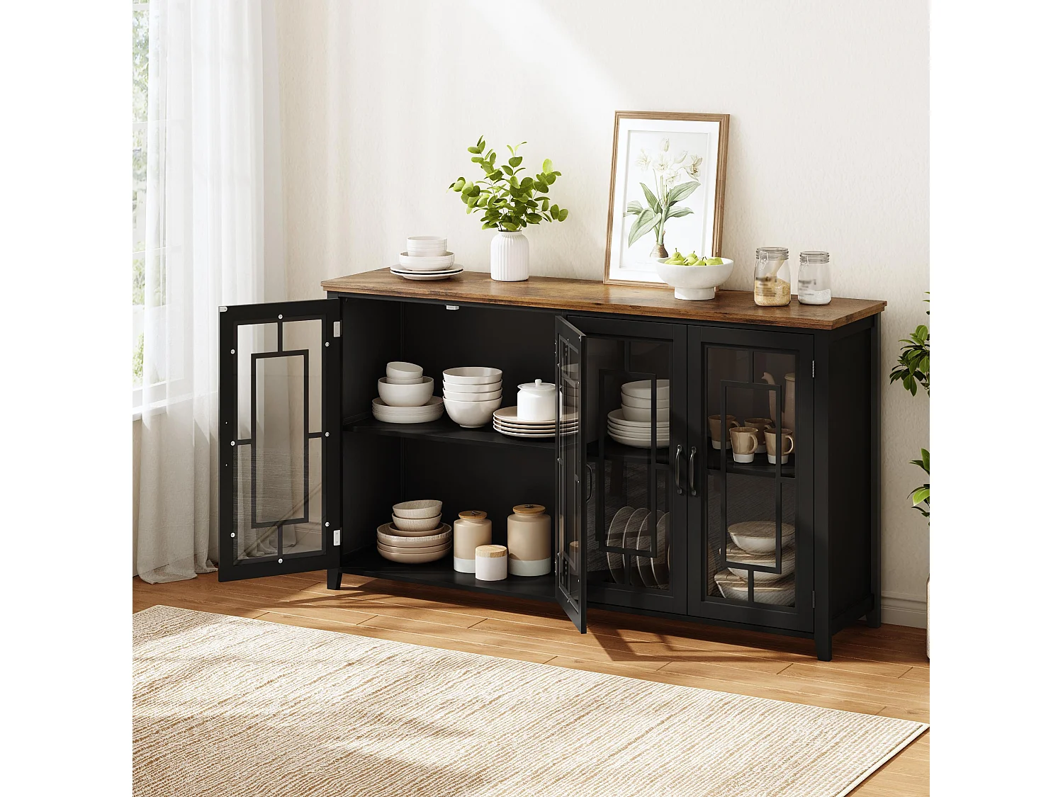Aparador de cozinha com 4 portas de vidro e dispositivo anti-tombamento - MDF - 160 × 40 × 86 cm - Preto e marrom