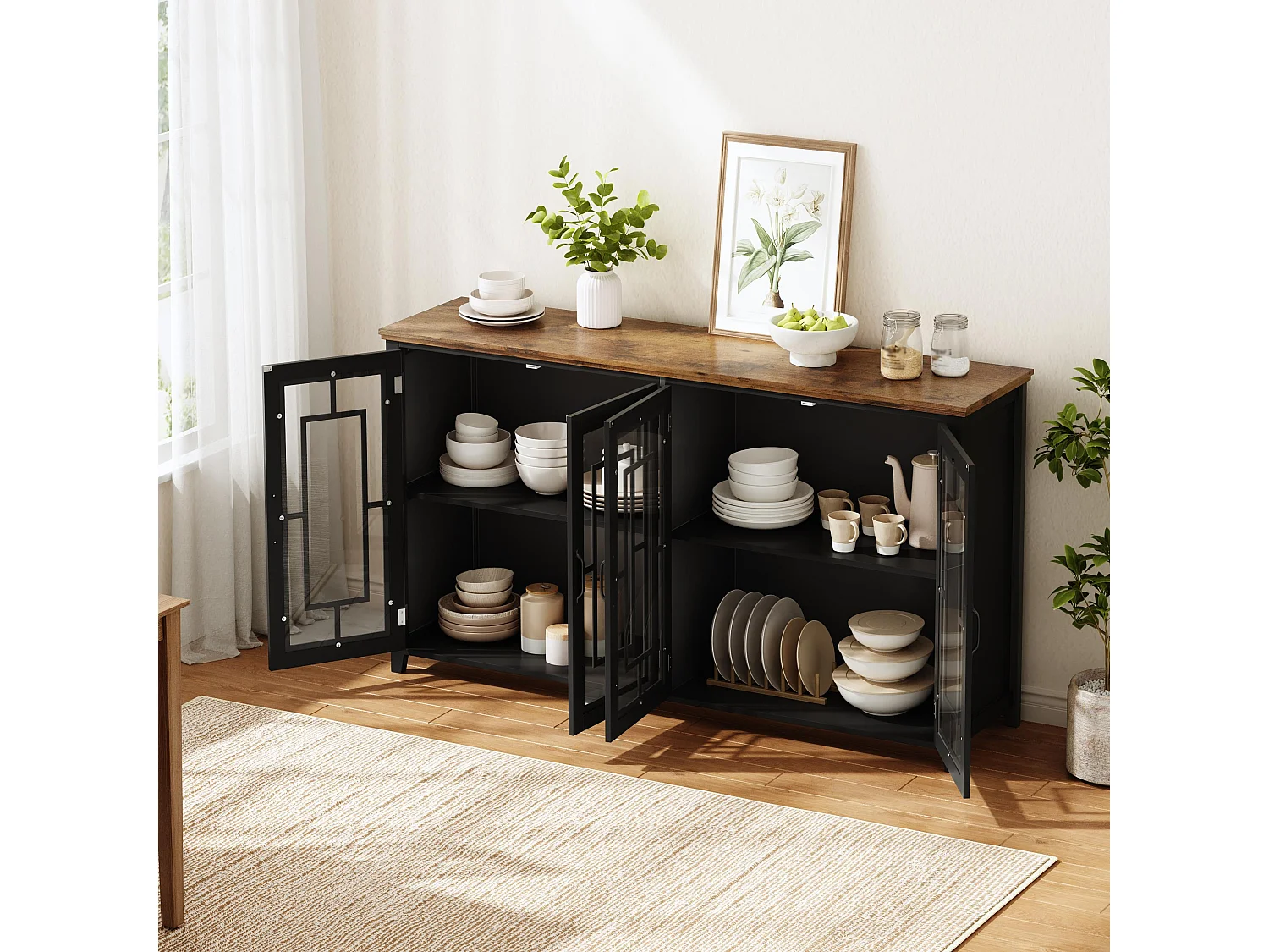 Aparador de cozinha com 4 portas de vidro e dispositivo anti-tombamento - MDF - 160 × 40 × 86 cm - Preto e marrom