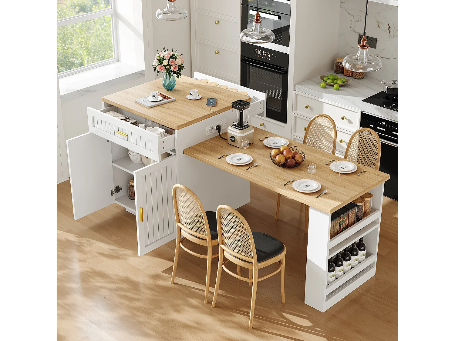 Ausziehbare Kücheninsel mit integrierter Steckdose, 2 Türen, 2 Schubladen und Ablagen – 121,5–192 x 70 x 92 cm – MDF/Metall – Weiß
