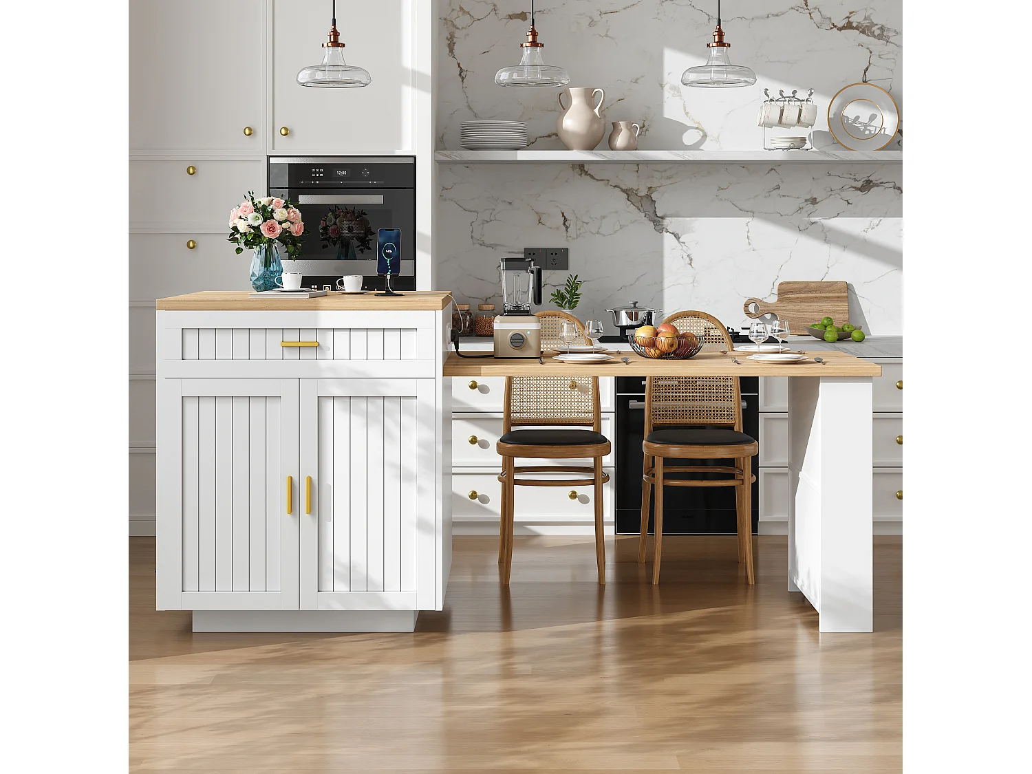Ausziehbare Kücheninsel mit integrierter Steckdose, 2 Türen, 2 Schubladen und Ablagen – 121,5–192 x 70 x 92 cm – MDF/Metall – Weiß
