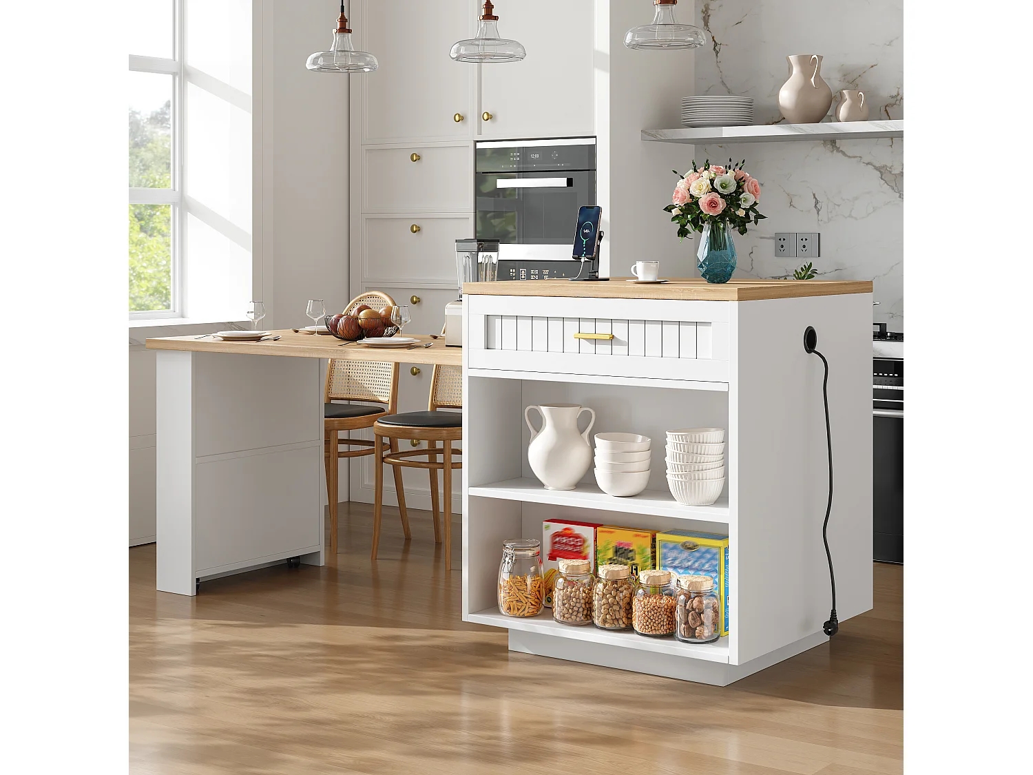 Ausziehbare Kücheninsel mit integrierter Steckdose, 2 Türen, 2 Schubladen und Ablagen – 121,5–192 x 70 x 92 cm – MDF/Metall – Weiß