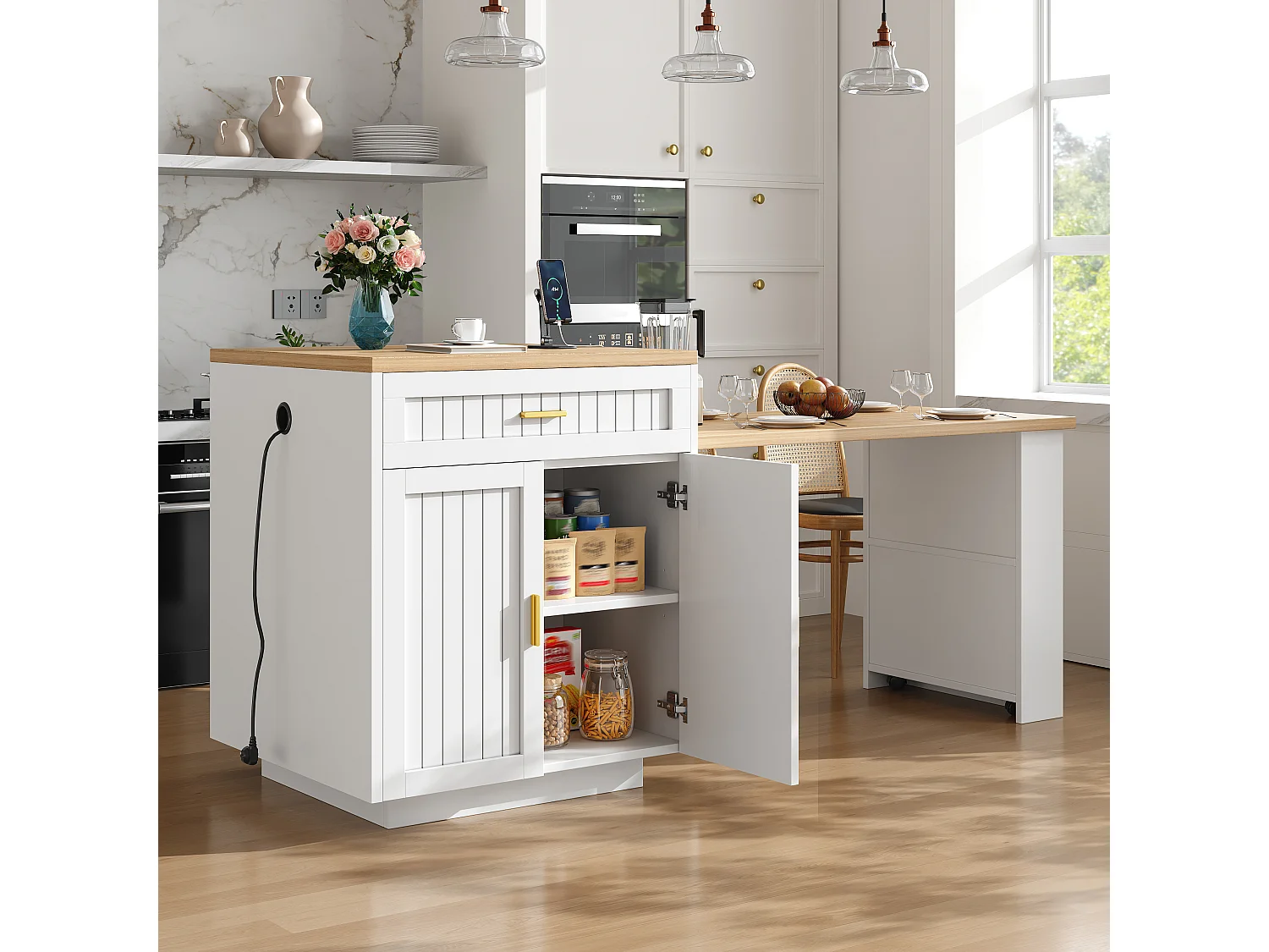 Ausziehbare Kücheninsel mit integrierter Steckdose, 2 Türen, 2 Schubladen und Ablagen – 121,5–192 x 70 x 92 cm – MDF/Metall – Weiß