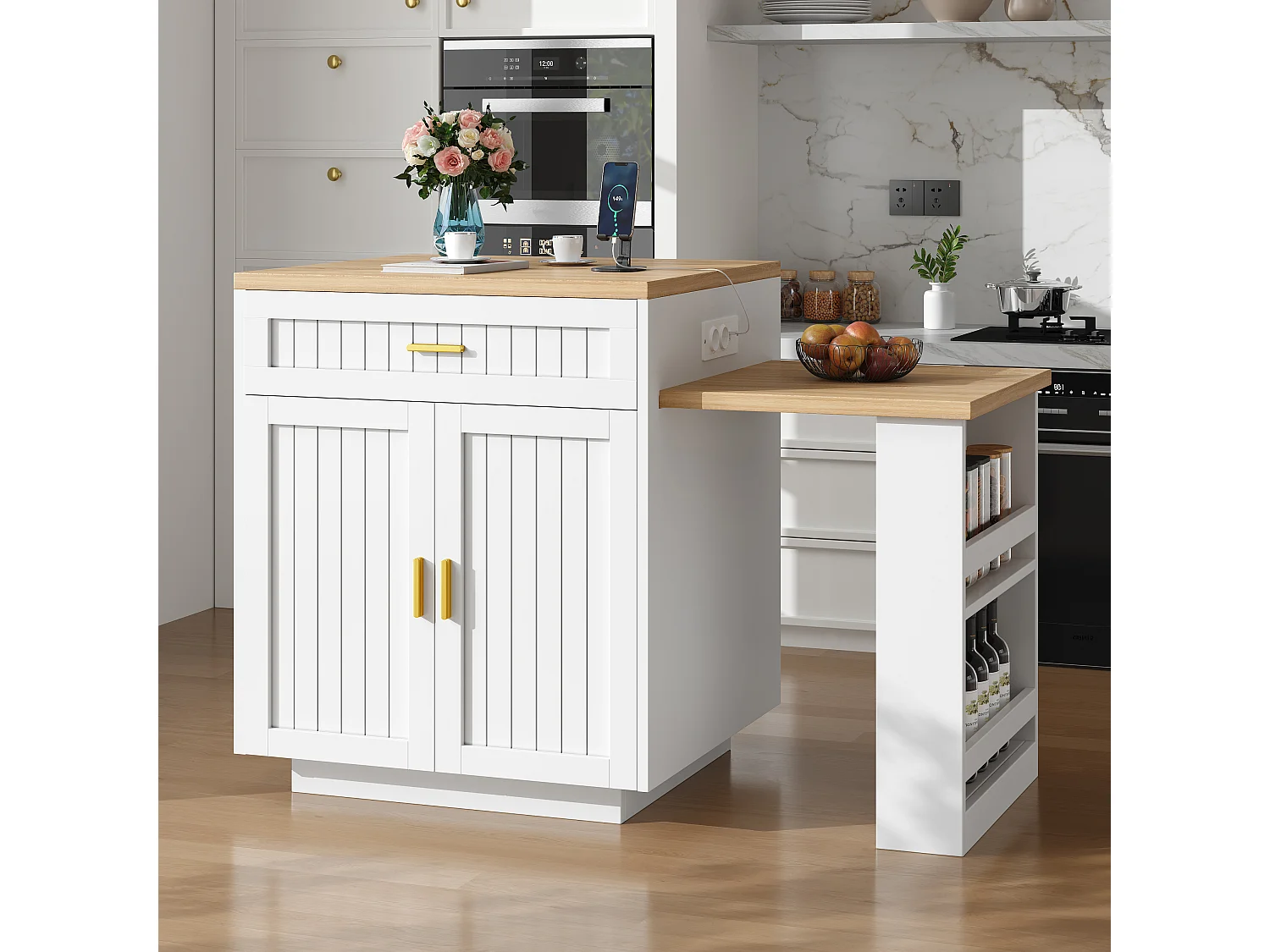 Ausziehbare Kücheninsel mit integrierter Steckdose, 2 Türen, 2 Schubladen und Ablagen – 121,5–192 x 70 x 92 cm – MDF/Metall – Weiß