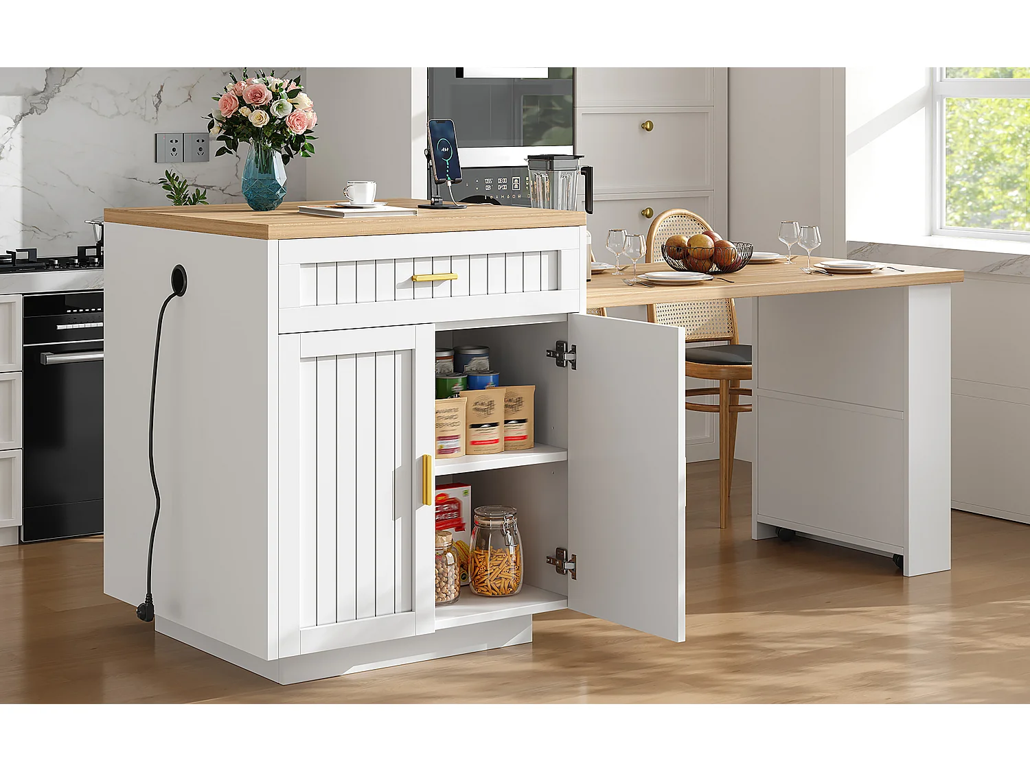 Ausziehbare Kücheninsel mit integrierter Steckdose, 2 Türen, 2 Schubladen und Ablagen – 121,5–192 x 70 x 92 cm – MDF/Metall – Weiß
