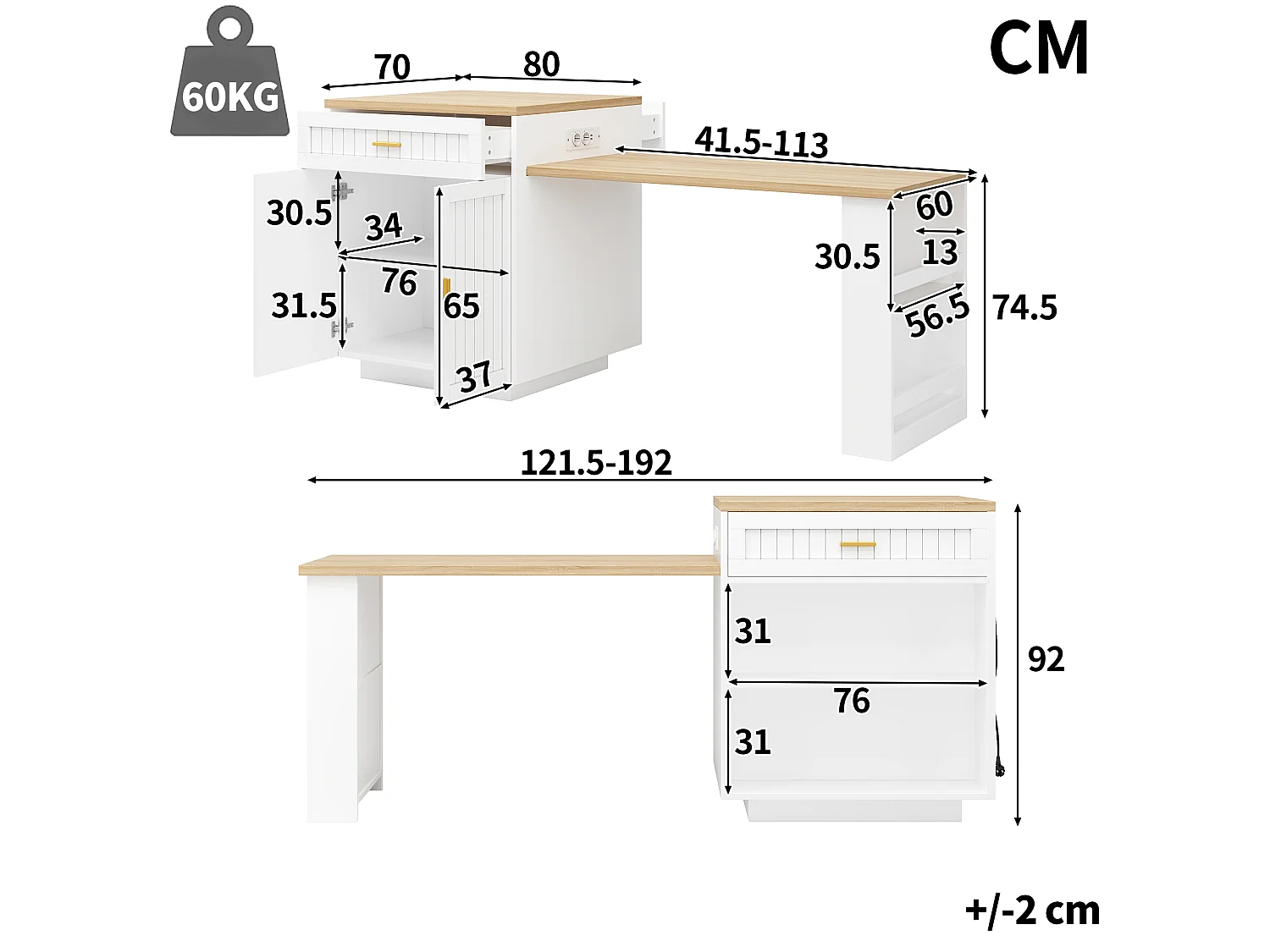 Ausziehbare Kücheninsel mit integrierter Steckdose, 2 Türen, 2 Schubladen und Ablagen – 121,5–192 x 70 x 92 cm – MDF/Metall – Weiß