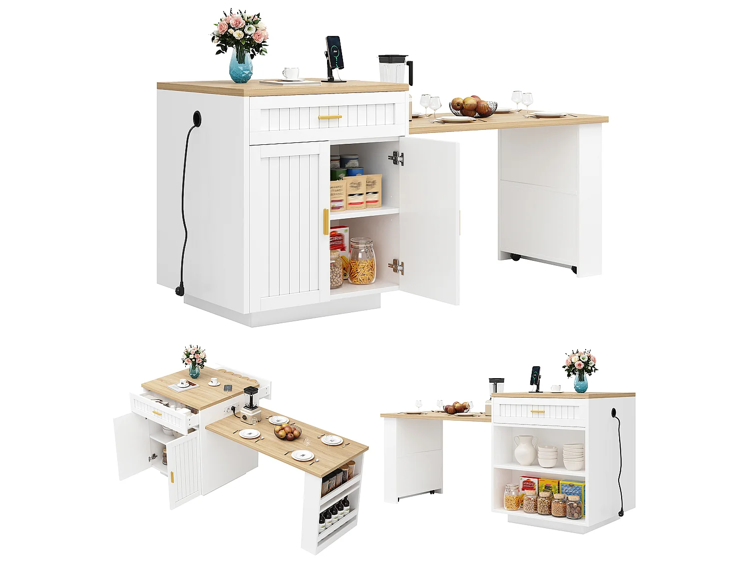 Ausziehbare Kücheninsel mit integrierter Steckdose, 2 Türen, 2 Schubladen und Ablagen – 121,5–192 x 70 x 92 cm – MDF/Metall – Weiß