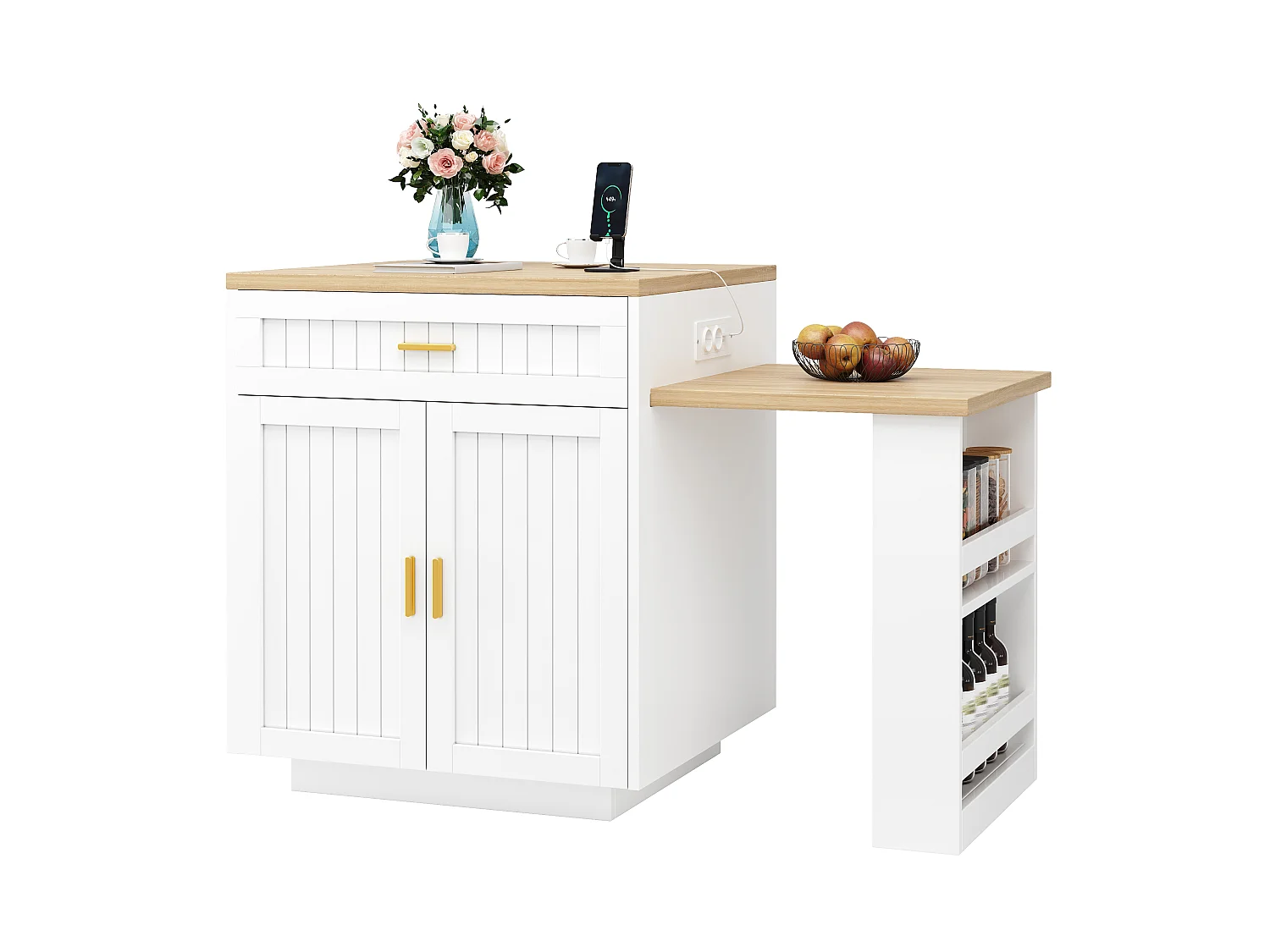 Ausziehbare Kücheninsel mit integrierter Steckdose, 2 Türen, 2 Schubladen und Ablagen – 121,5–192 x 70 x 92 cm – MDF/Metall – Weiß