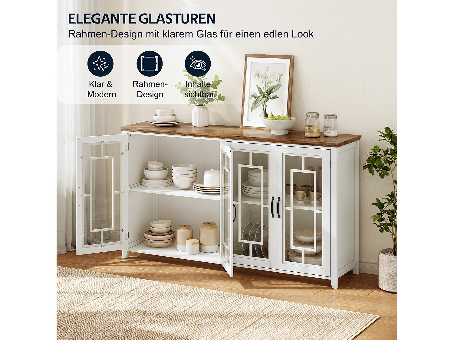 Køkkenskænk med 4 glaslåger og anti-tip - MDF - 160 × 40 × 86 cm - Hvid og brun