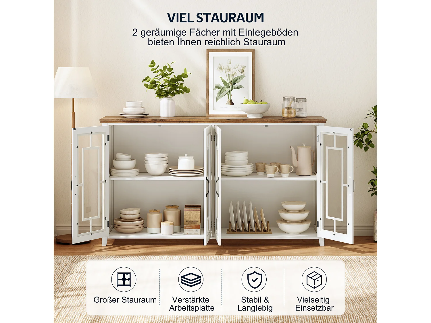 Køkkenskænk med 4 glaslåger og anti-tip - MDF - 160 × 40 × 86 cm - Hvid og brun