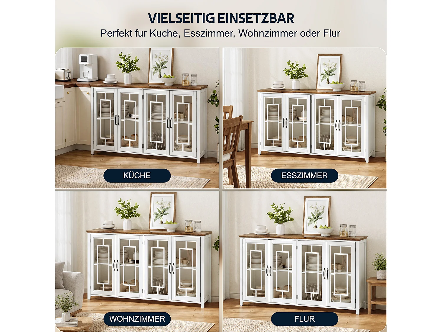 Køkkenskænk med 4 glaslåger og anti-tip - MDF - 160 × 40 × 86 cm - Hvid og brun