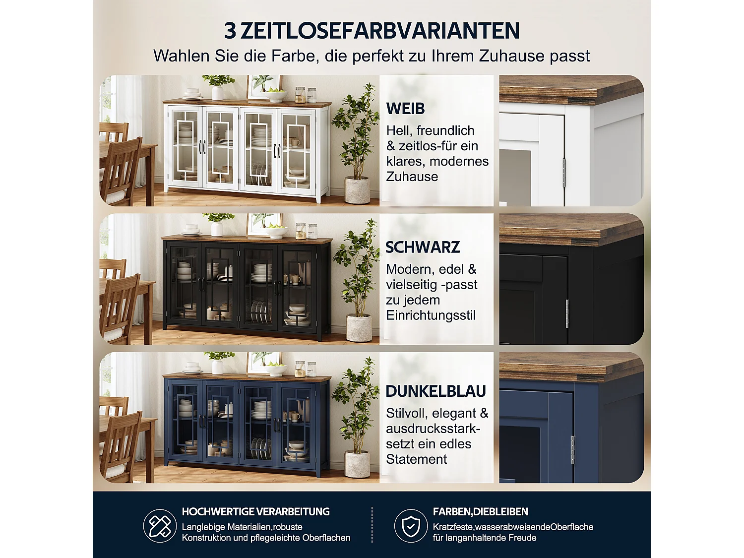 Køkkenskænk med 4 glaslåger og anti-tip - MDF - 160 × 40 × 86 cm - Hvid og brun