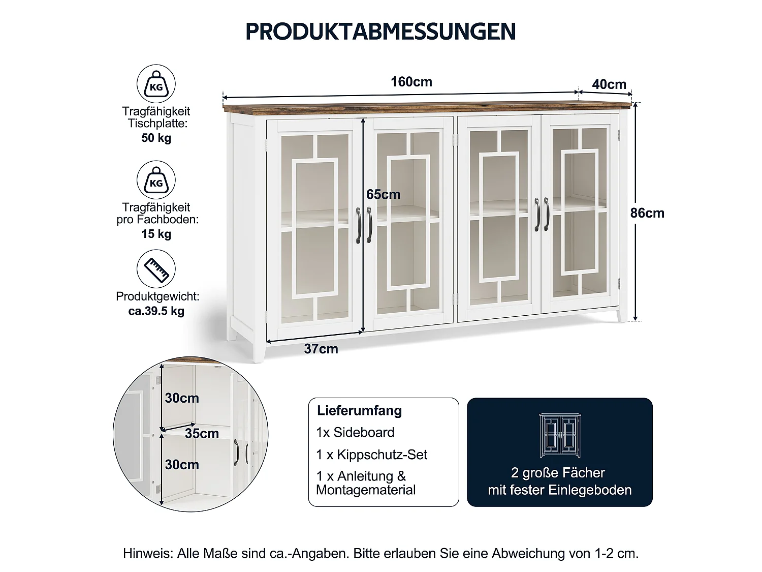 Køkkenskænk med 4 glaslåger og anti-tip - MDF - 160 × 40 × 86 cm - Hvid og brun