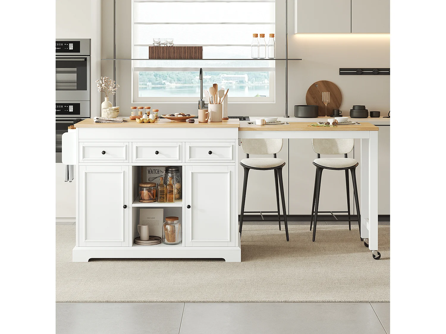 Utdragbar köksö med matplats, kryddhyllor, 2 dörrar och 3 lådor – 112–188 x 45 x 92 cm – MDF – Vit