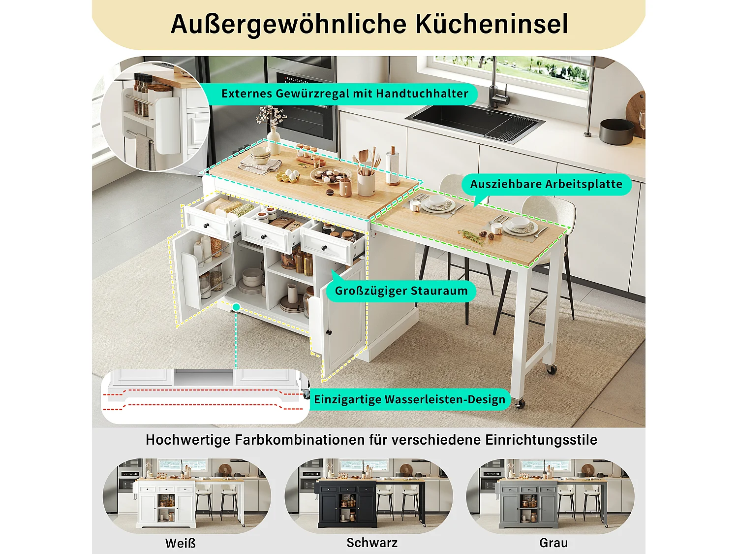 Utdragbar köksö med matplats, kryddhyllor, 2 dörrar och 3 lådor – 112–188 x 45 x 92 cm – MDF – Vit