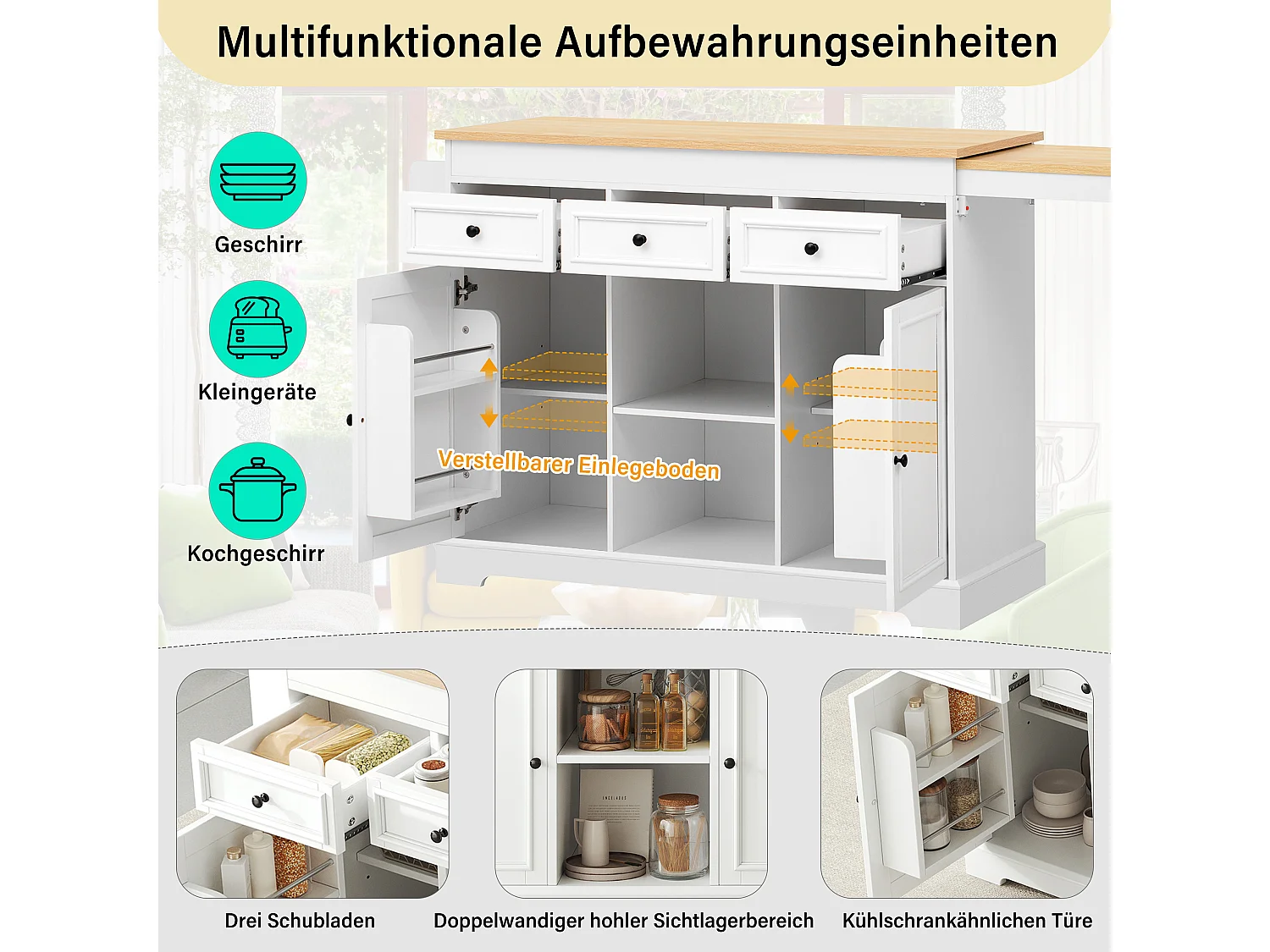Utdragbar köksö med matplats, kryddhyllor, 2 dörrar och 3 lådor – 112–188 x 45 x 92 cm – MDF – Vit