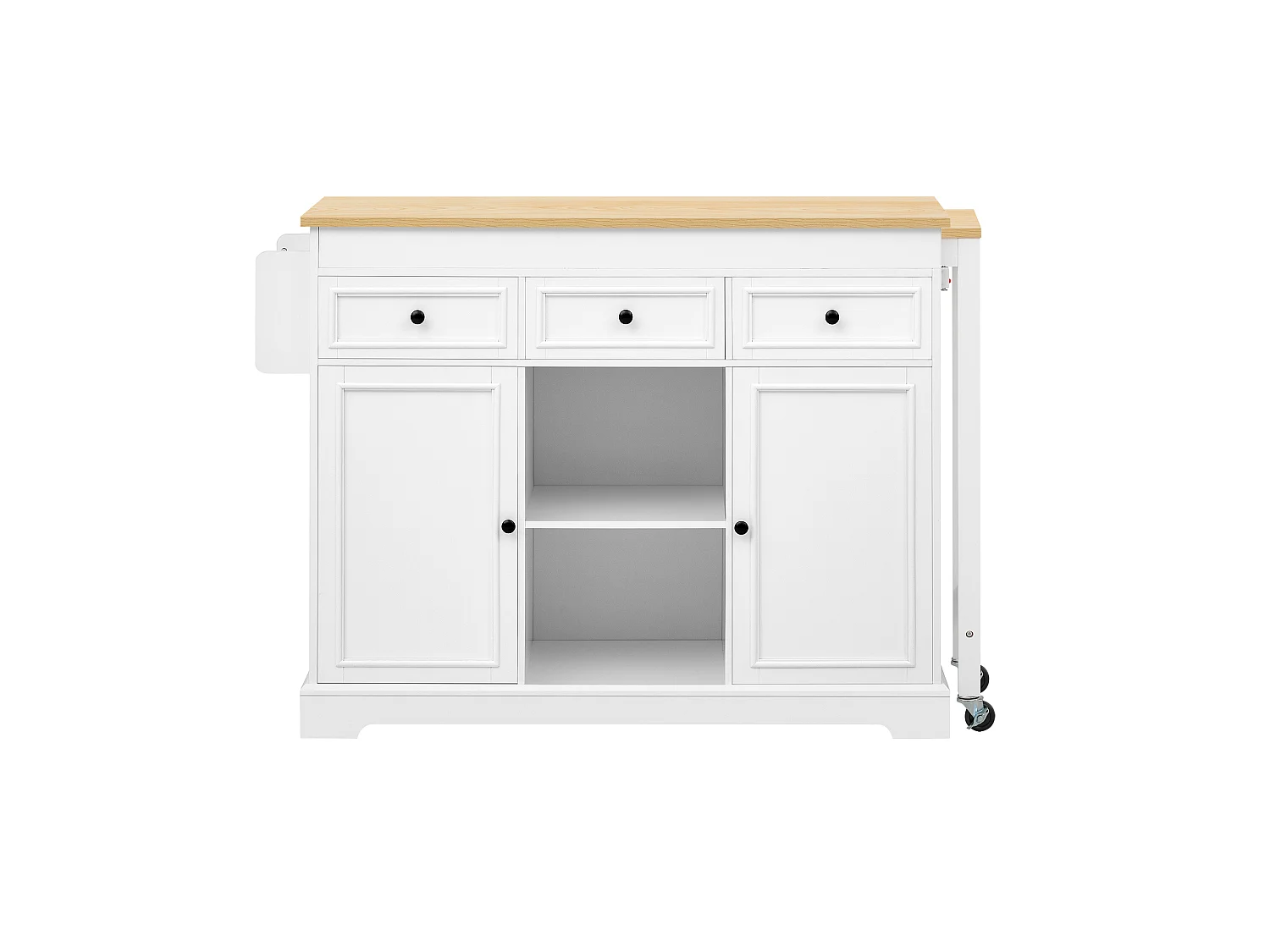 Utdragbar köksö med matplats, kryddhyllor, 2 dörrar och 3 lådor – 112–188 x 45 x 92 cm – MDF – Vit