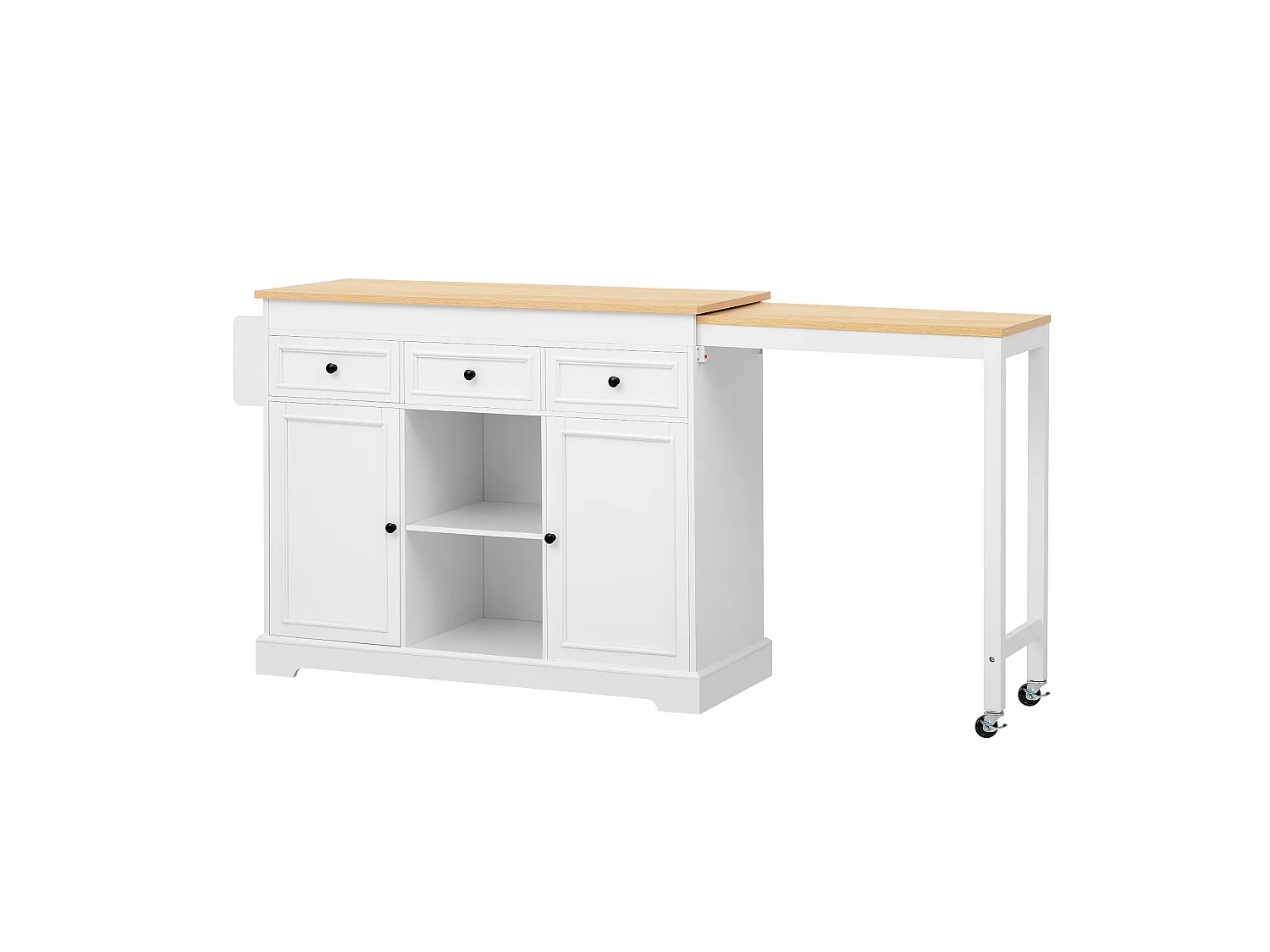 Utdragbar köksö med matplats, kryddhyllor, 2 dörrar och 3 lådor – 112–188 x 45 x 92 cm – MDF – Vit