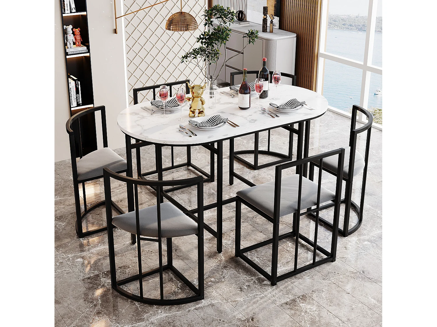 Ensemble table à manger avec 6 chaises - 140 x 80 x 76 cm - MDF et pieds en métal noir - Aspect marbre - Blanc +gris