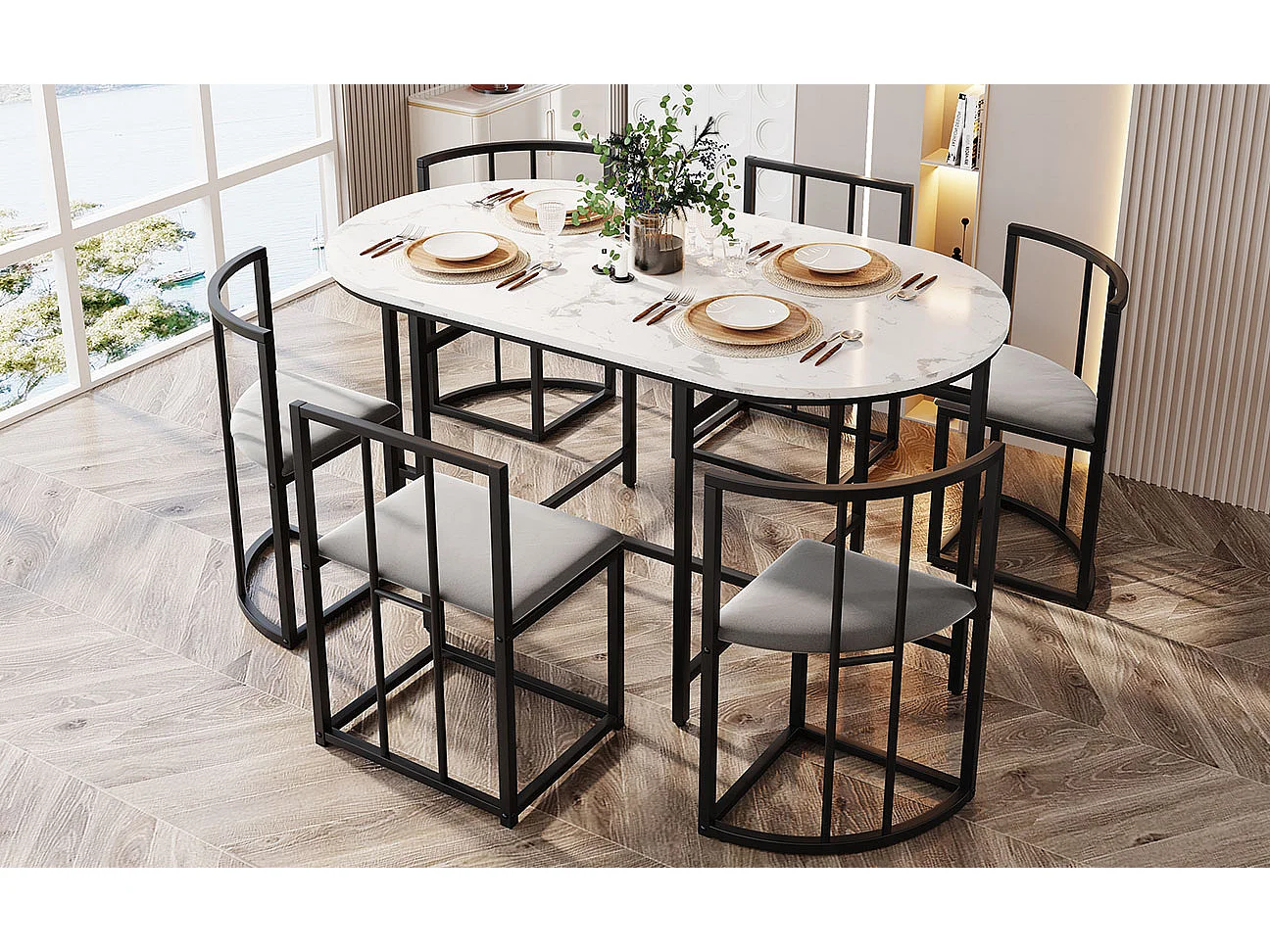 Ensemble table à manger avec 6 chaises - 140 x 80 x 76 cm - MDF et pieds en métal noir - Aspect marbre - Blanc +gris