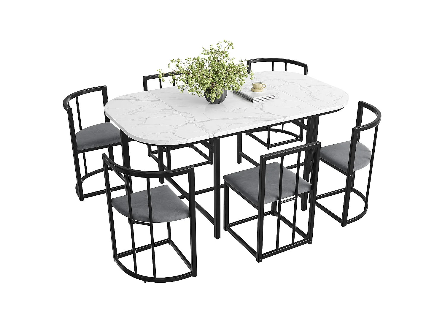 Ensemble table à manger avec 6 chaises - 140 x 80 x 76 cm - MDF et pieds en métal noir - Aspect marbre - Blanc +gris