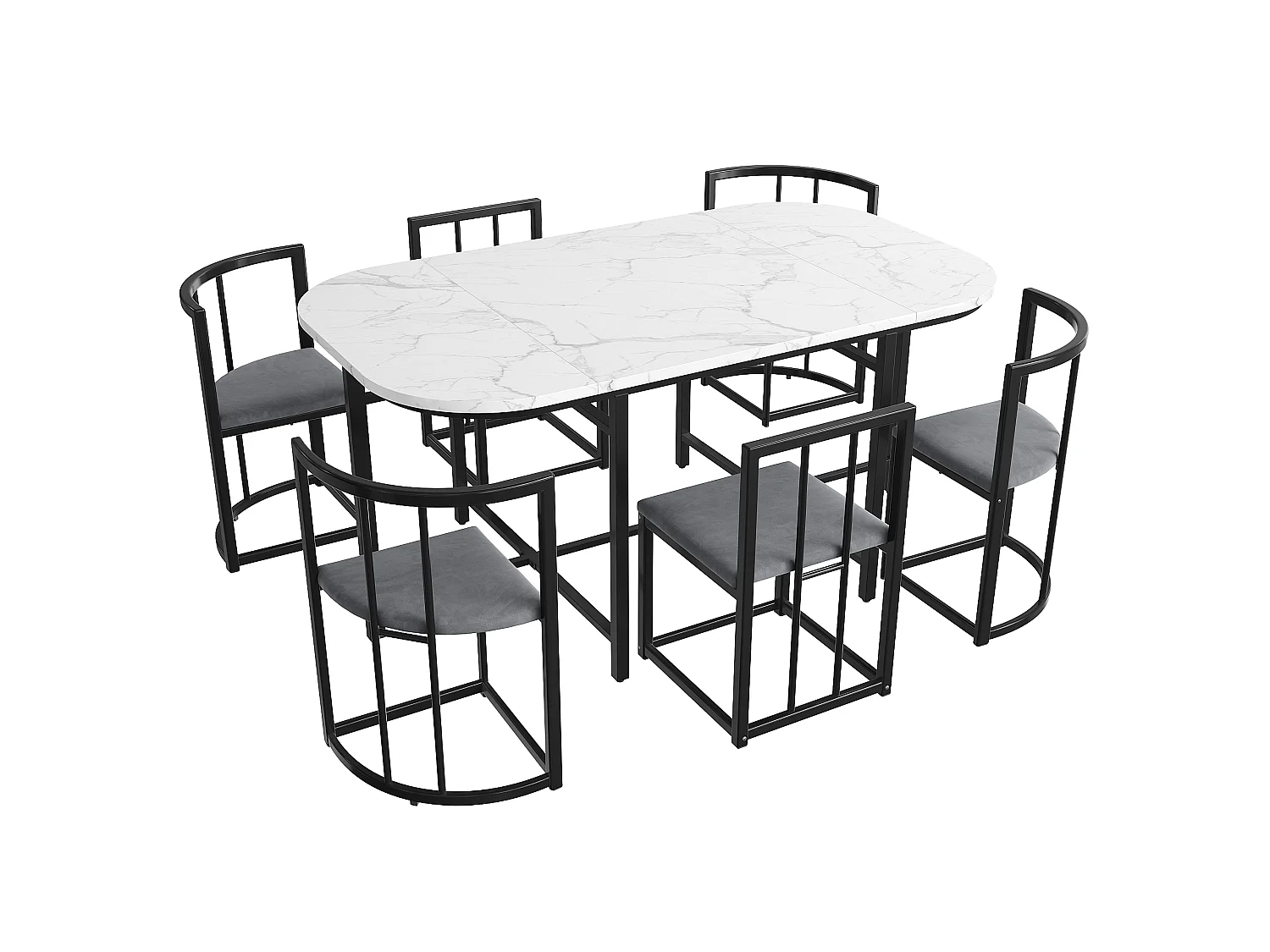 Ensemble table à manger avec 6 chaises - 140 x 80 x 76 cm - MDF et pieds en métal noir - Aspect marbre - Blanc +gris