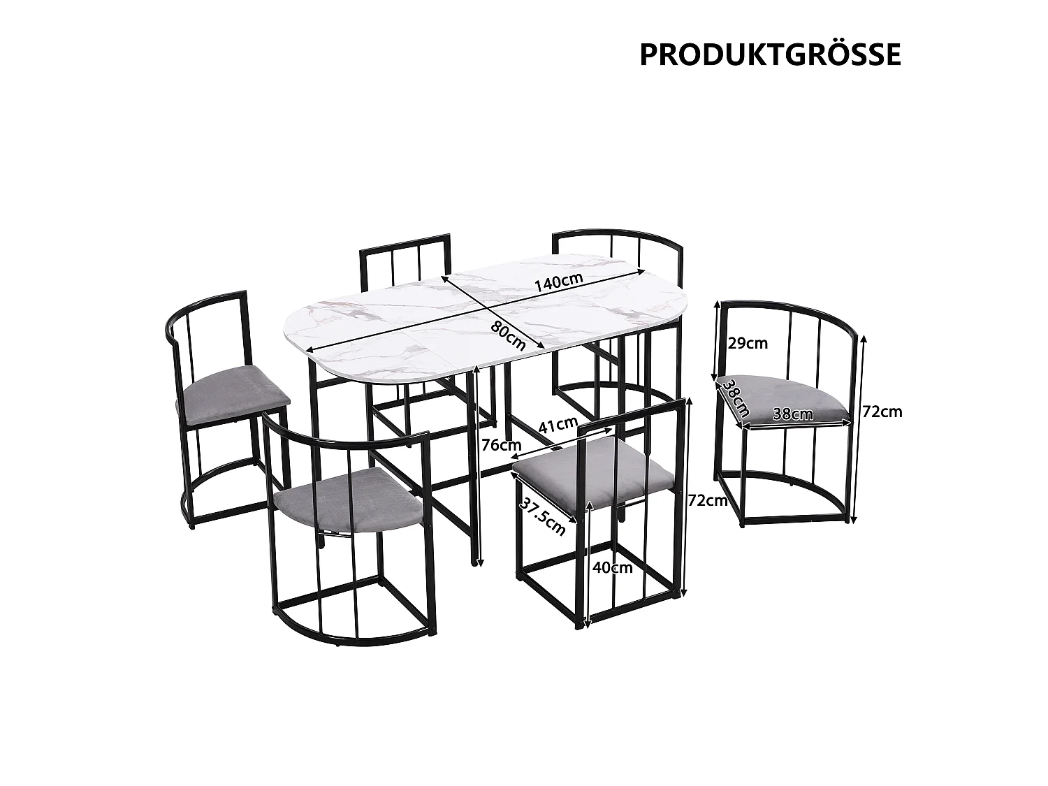 Ensemble table à manger avec 6 chaises - 140 x 80 x 76 cm - MDF et pieds en métal noir - Aspect marbre - Blanc +gris