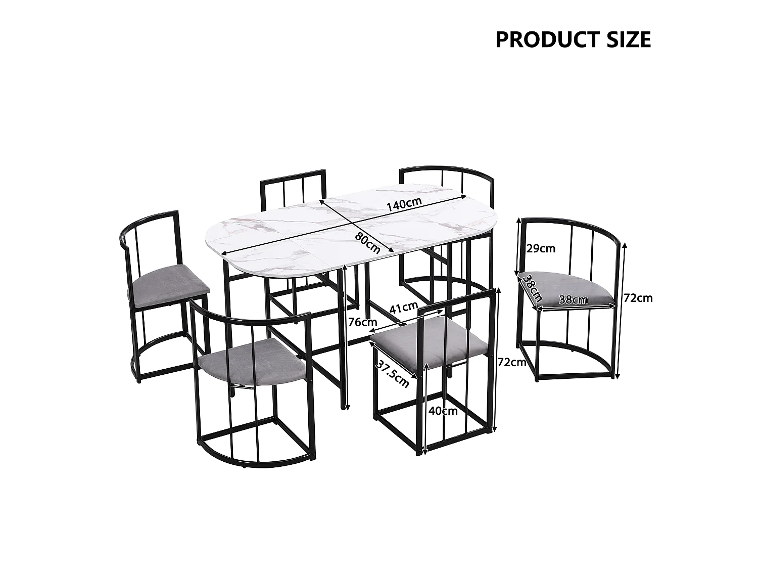 Ensemble table à manger avec 6 chaises - 140 x 80 x 76 cm - MDF et pieds en métal noir - Aspect marbre - Blanc +gris