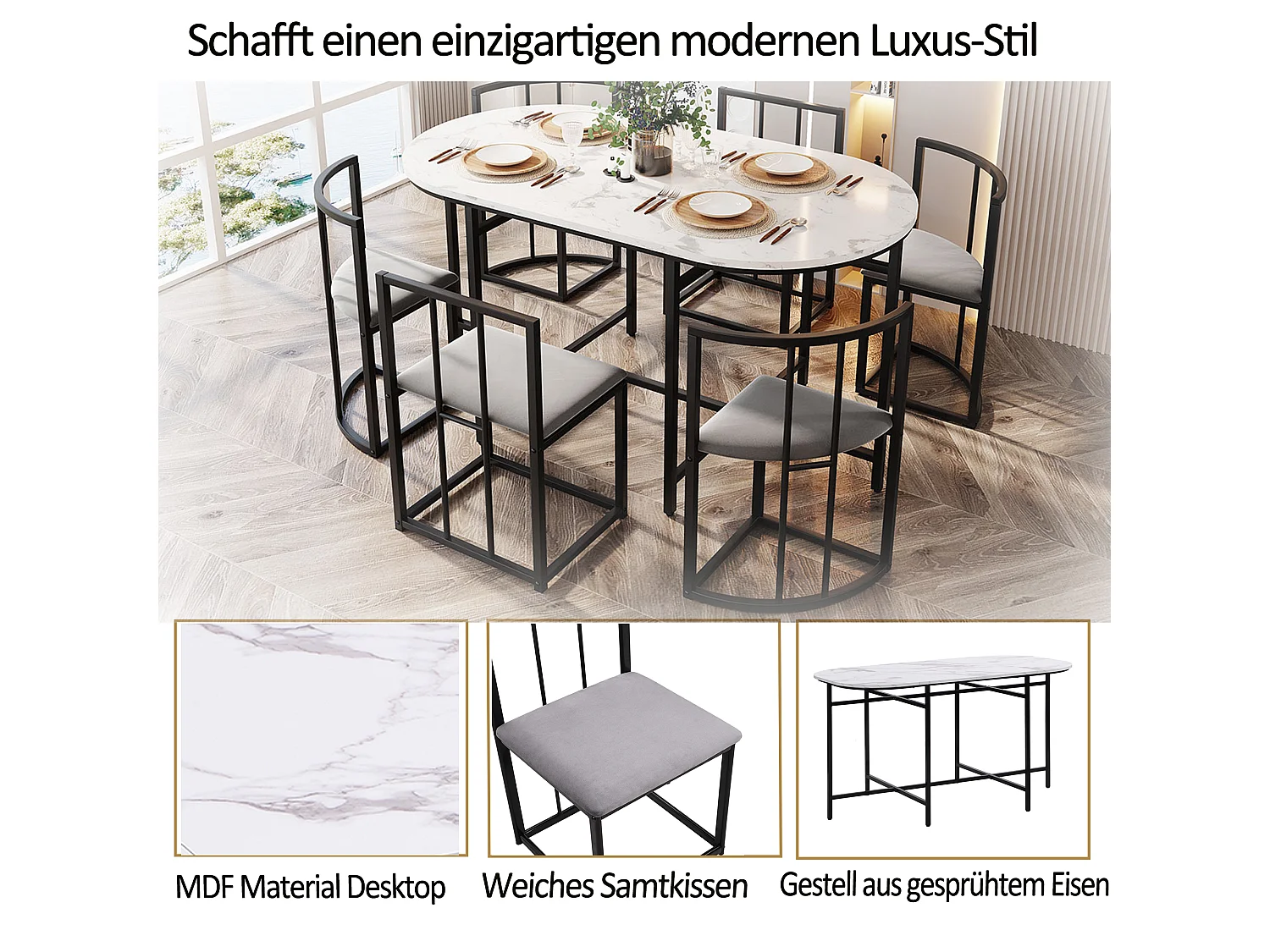 Ensemble table à manger avec 6 chaises - 140 x 80 x 76 cm - MDF et pieds en métal noir - Aspect marbre - Blanc +gris