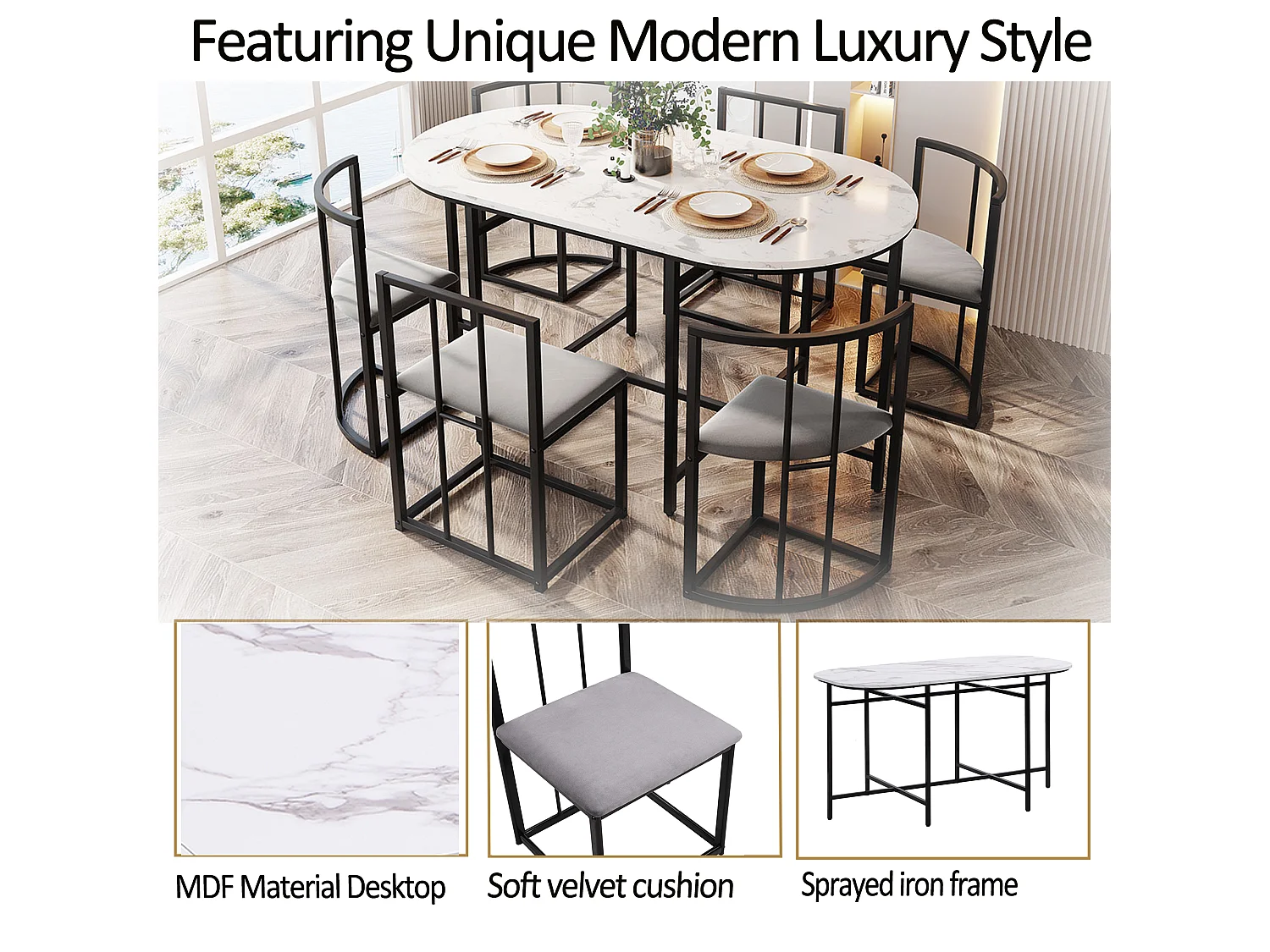 Ensemble table à manger avec 6 chaises - 140 x 80 x 76 cm - MDF et pieds en métal noir - Aspect marbre - Blanc +gris
