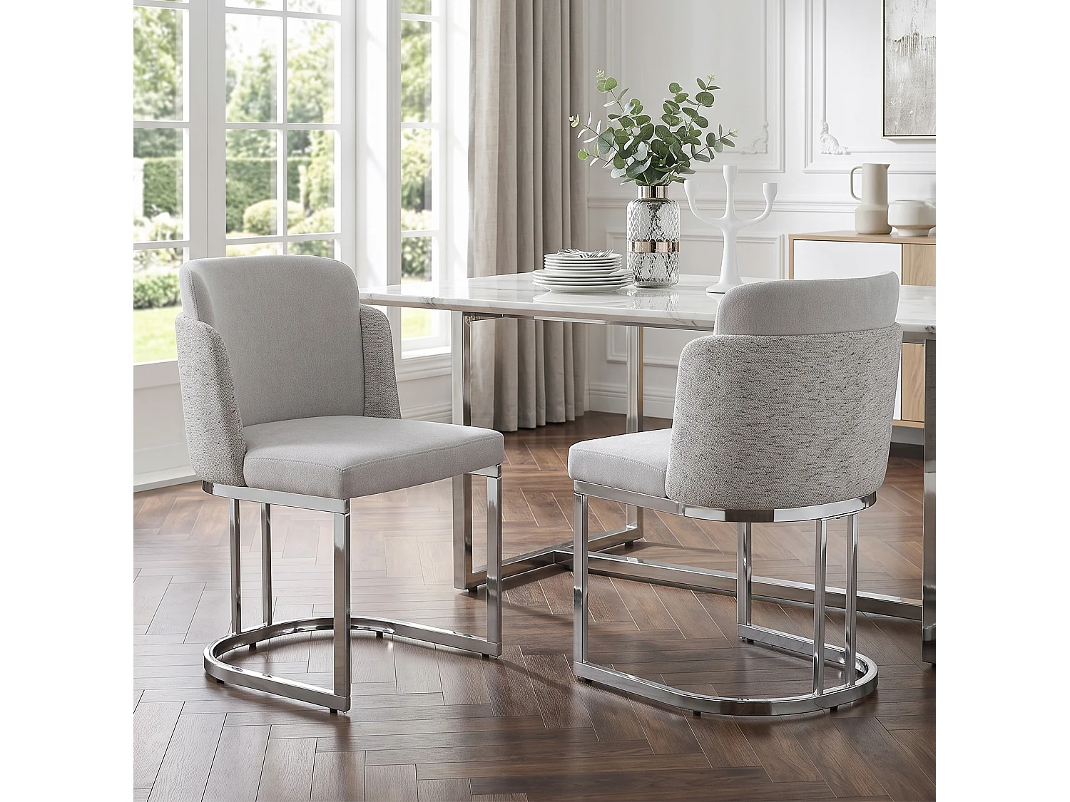 Set di 2 sedie da pranzo senza braccioli - Ciniglia e metallo zincato - 59 x 52 x 85 cm - Grigio chiaro + argento