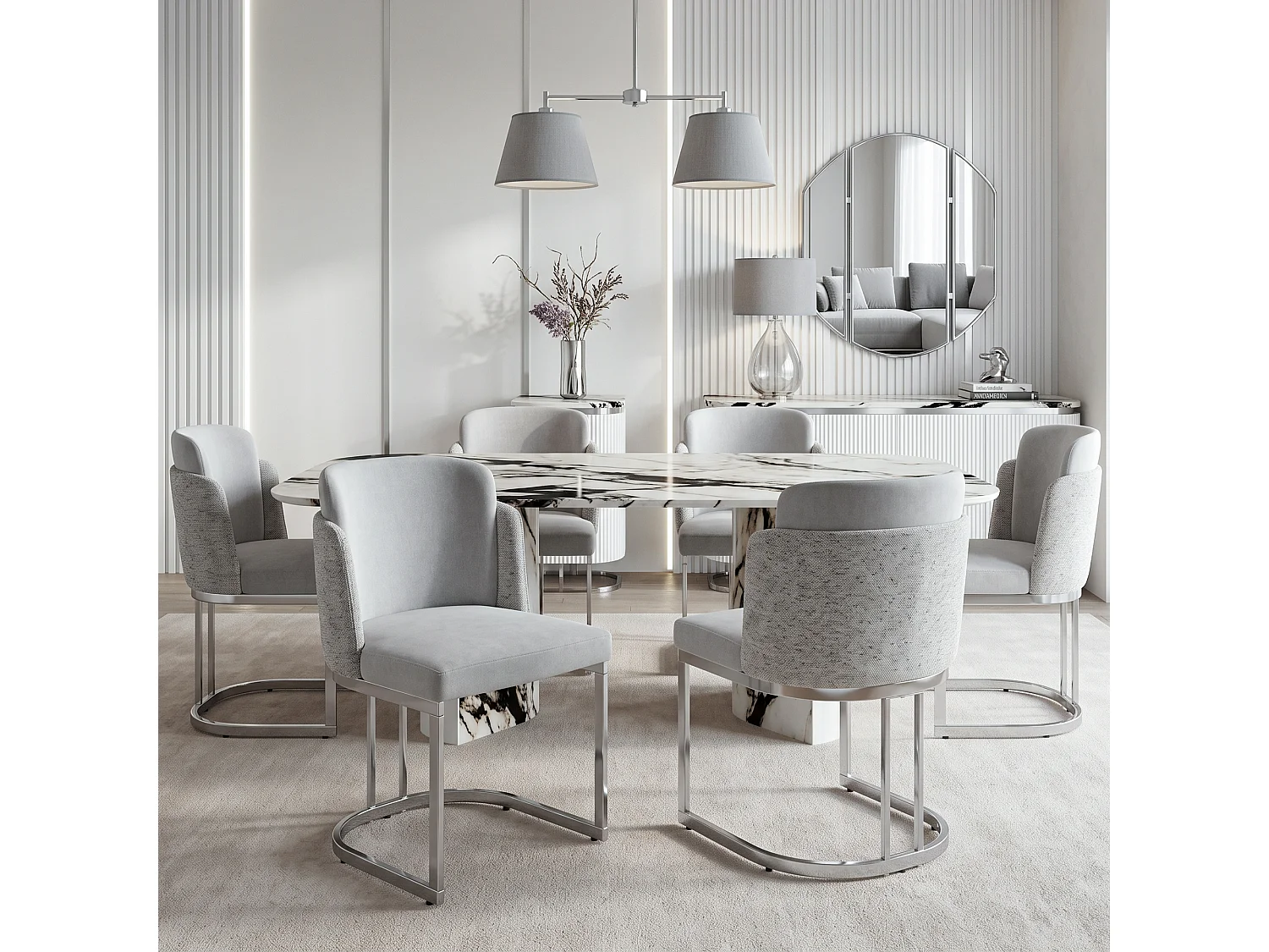 Set di 2 sedie da pranzo senza braccioli - Ciniglia e metallo zincato - 59 x 52 x 85 cm - Grigio chiaro + argento