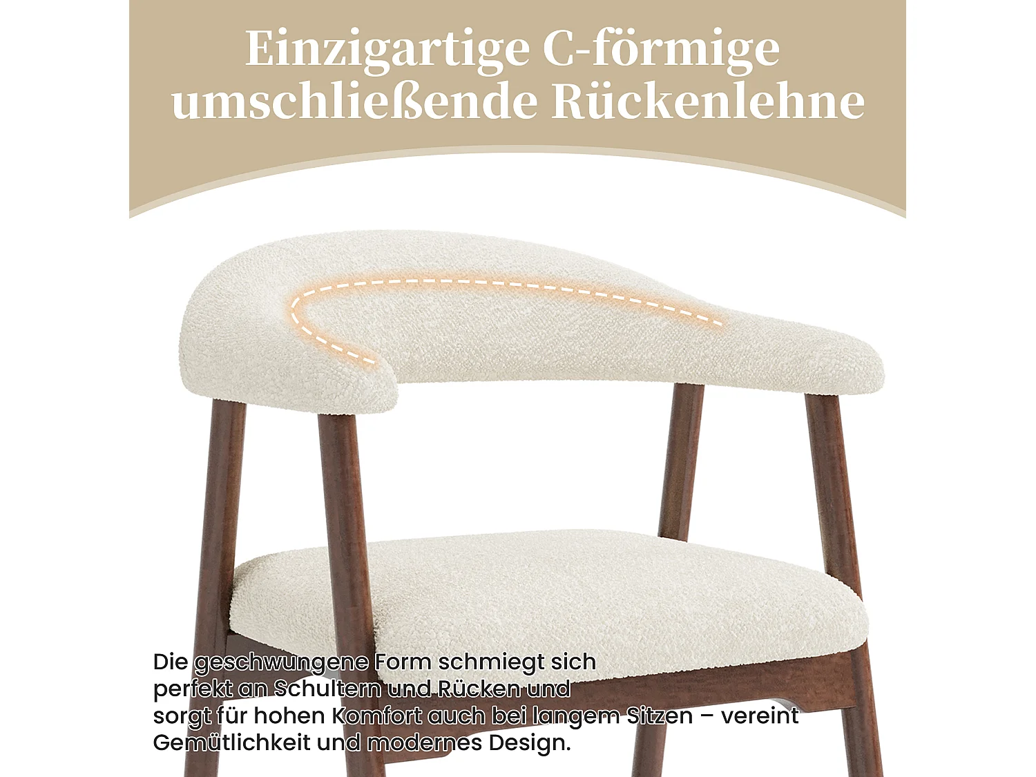 Lot de 6 chaises de salle à manger avec accoudoirs et dossier en C - Bois massif, tissu bouclé - 60,5x57x79,5 cm - Noyer + beige