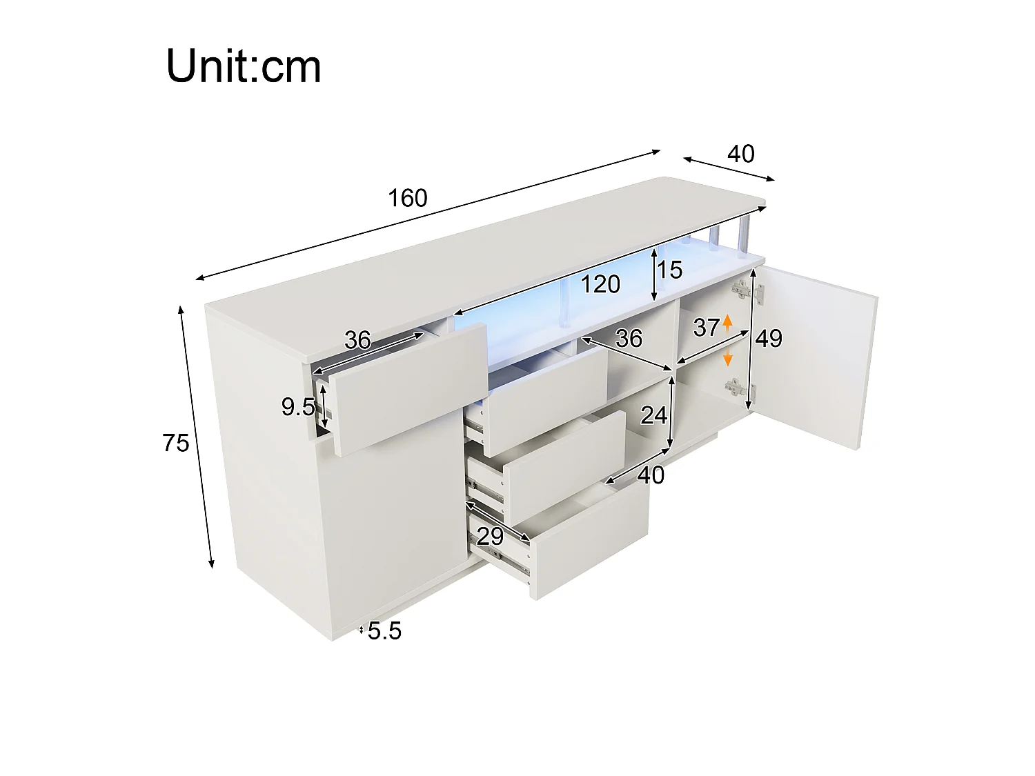 Sideboard mit LED-Beleuchtung, 4 Schubladen und 2 Türen – verstellbare Einlegeböden – MDF und Acryl – 160 x 40 x 75 cm – Weiß