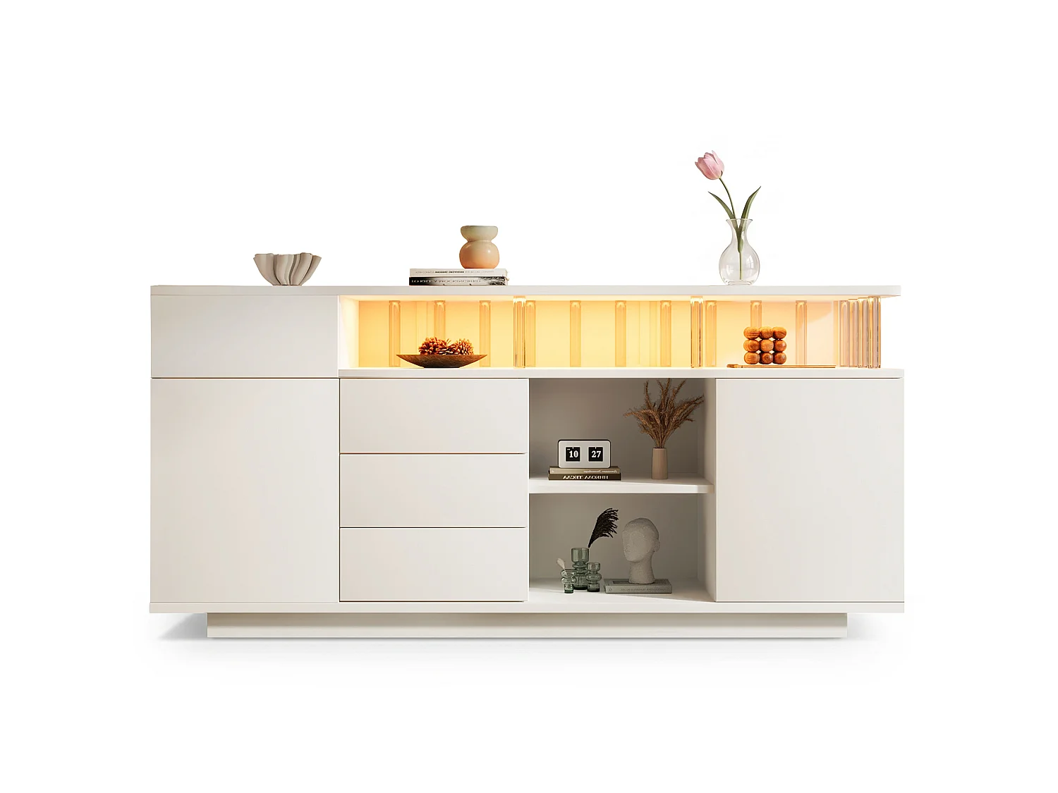 Sideboard mit LED-Beleuchtung, 4 Schubladen und 2 Türen – verstellbare Einlegeböden – MDF und Acryl – 160 x 40 x 75 cm – Weiß