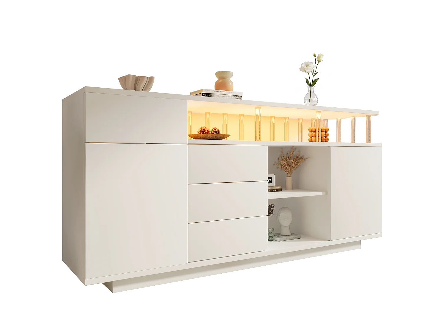 Sideboard mit LED-Beleuchtung, 4 Schubladen und 2 Türen – verstellbare Einlegeböden – MDF und Acryl – 160 x 40 x 75 cm – Weiß