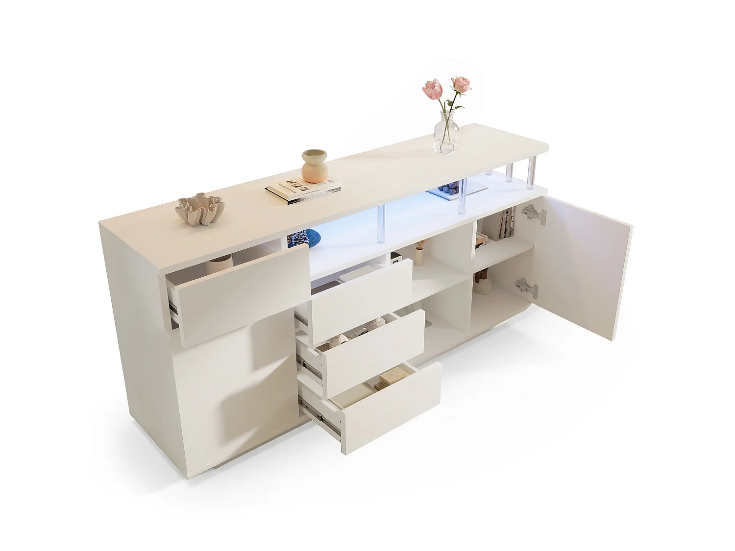 Sideboard mit LED-Beleuchtung, 4 Schubladen und 2 Türen – verstellbare Einlegeböden – MDF und Acryl – 160 x 40 x 75 cm – Weiß