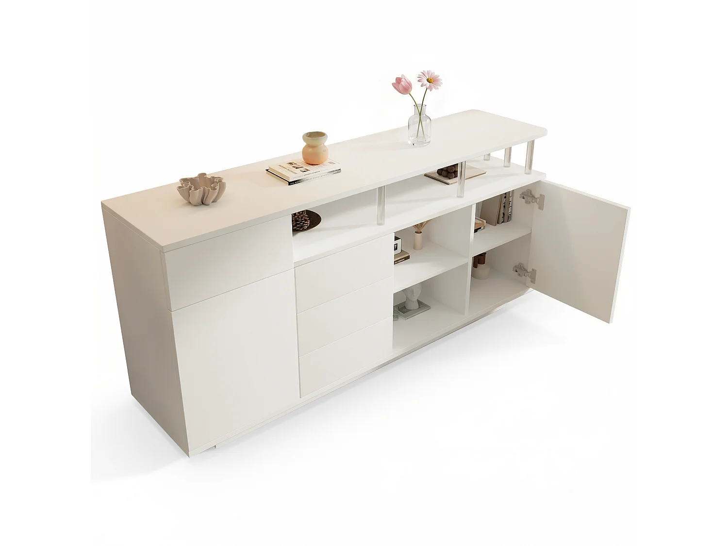 Sideboard mit LED-Beleuchtung, 4 Schubladen und 2 Türen – verstellbare Einlegeböden – MDF und Acryl – 160 x 40 x 75 cm – Weiß