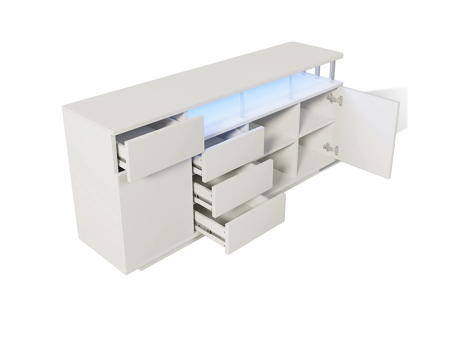 Sideboard mit LED-Beleuchtung, 4 Schubladen und 2 Türen – verstellbare Einlegeböden – MDF und Acryl – 160 x 40 x 75 cm – Weiß