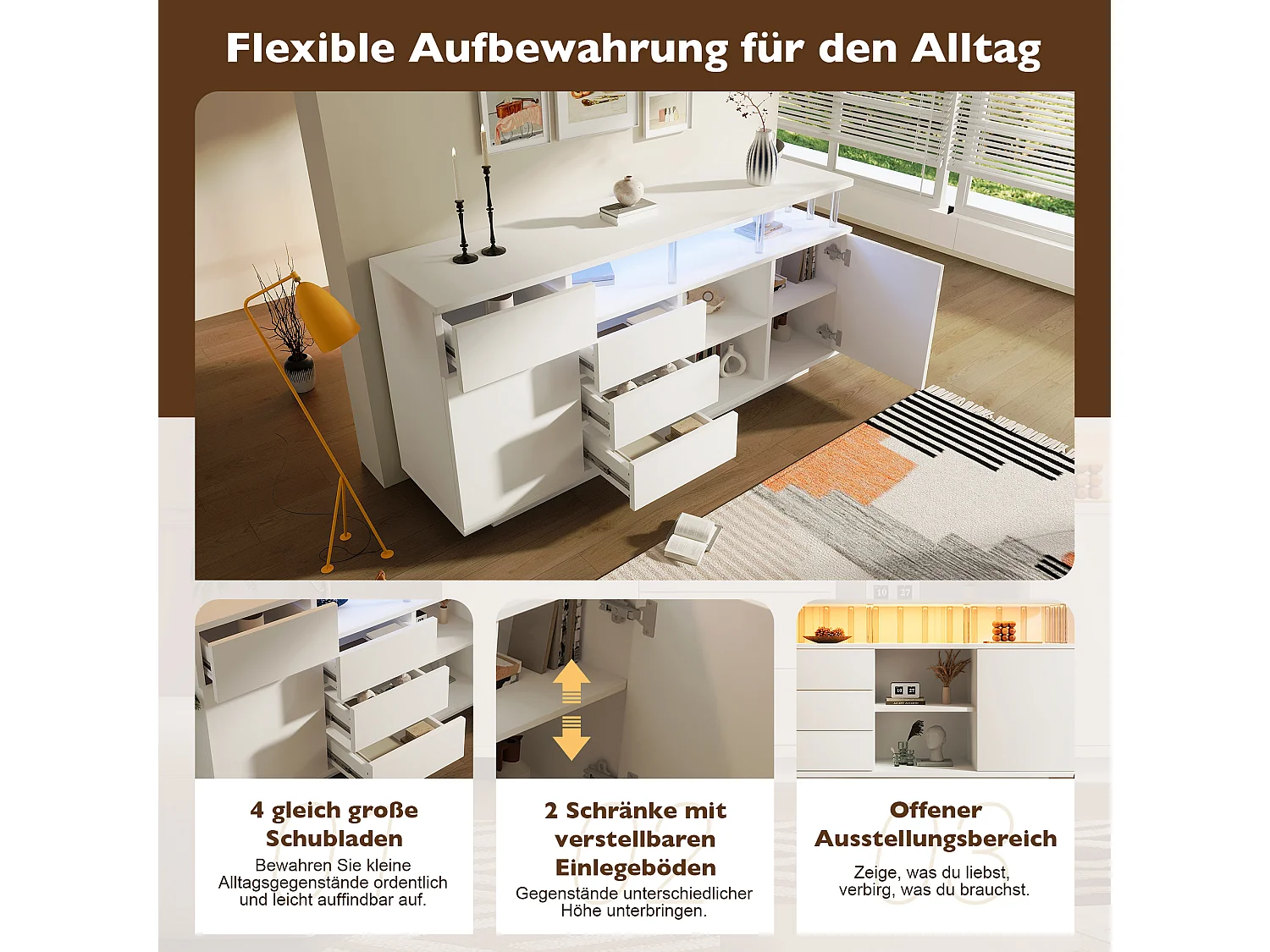 Sideboard mit LED-Beleuchtung, 4 Schubladen und 2 Türen – verstellbare Einlegeböden – MDF und Acryl – 160 x 40 x 75 cm – Weiß