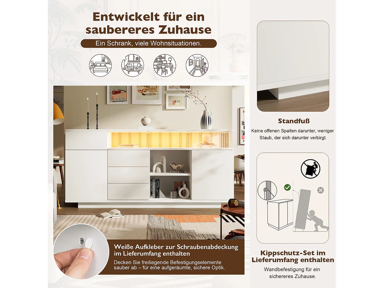 Sideboard mit LED-Beleuchtung, 4 Schubladen und 2 Türen – verstellbare Einlegeböden – MDF und Acryl – 160 x 40 x 75 cm – Weiß