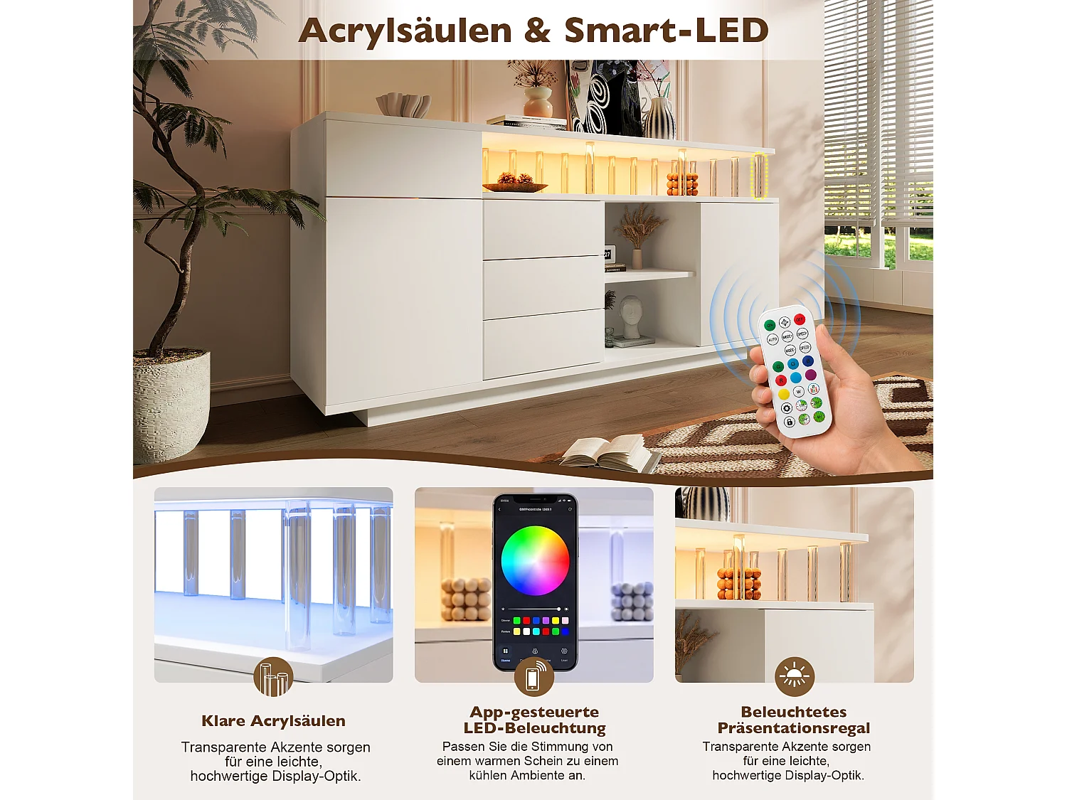 Sideboard mit LED-Beleuchtung, 4 Schubladen und 2 Türen – verstellbare Einlegeböden – MDF und Acryl – 160 x 40 x 75 cm – Weiß