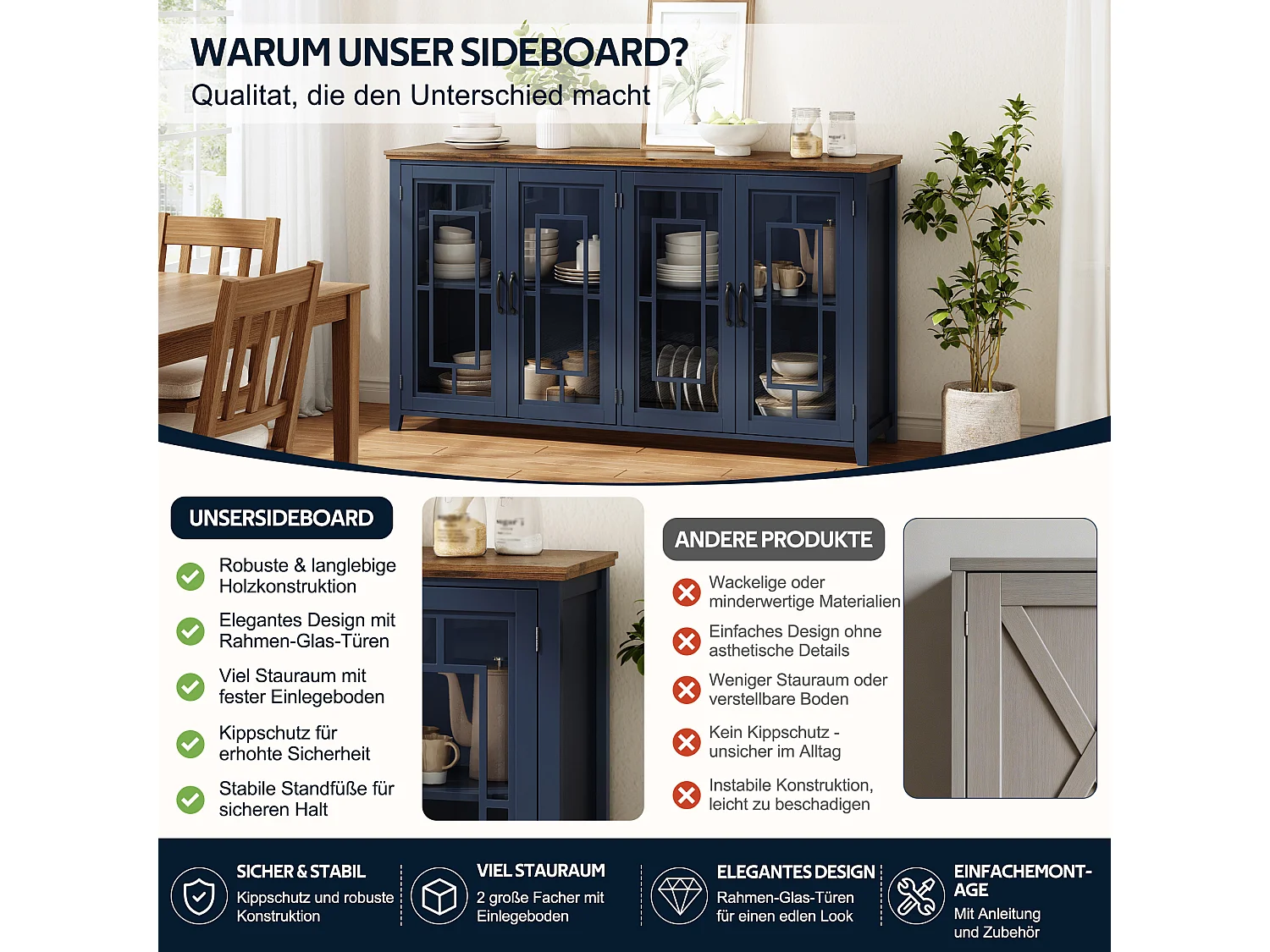 Küchenschrank mit 4 Glastüren und Kippsicherung – MDF – 160 × 40 × 86 cm – Blau und Braun
