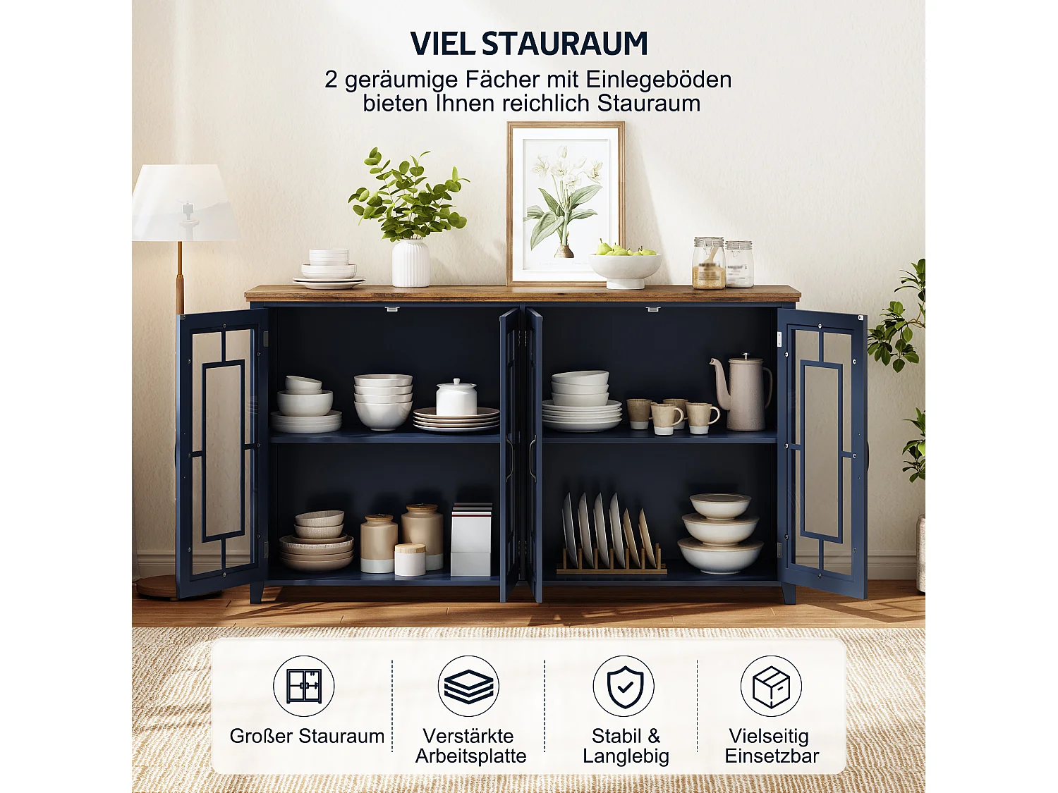 Küchenschrank mit 4 Glastüren und Kippsicherung – MDF – 160 × 40 × 86 cm – Blau und Braun